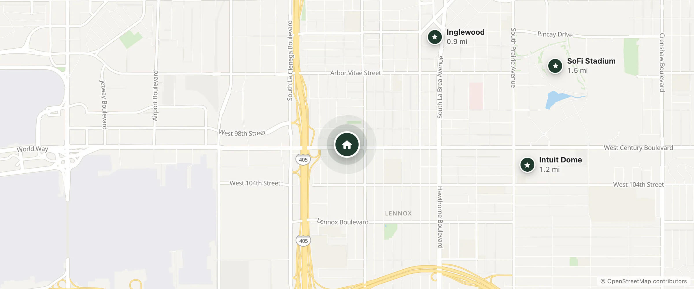 Map of Tivoli Motor Hotel and nearby Inglewood, Intuit Dome and SoFi Stadium
