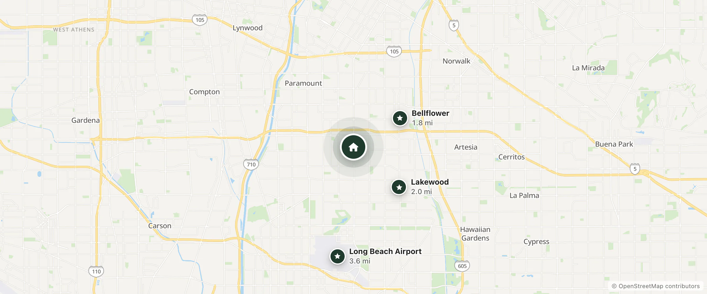 Map of Colony Inn Motel and nearby Bellflower, Lakewood and Long Beach Airport