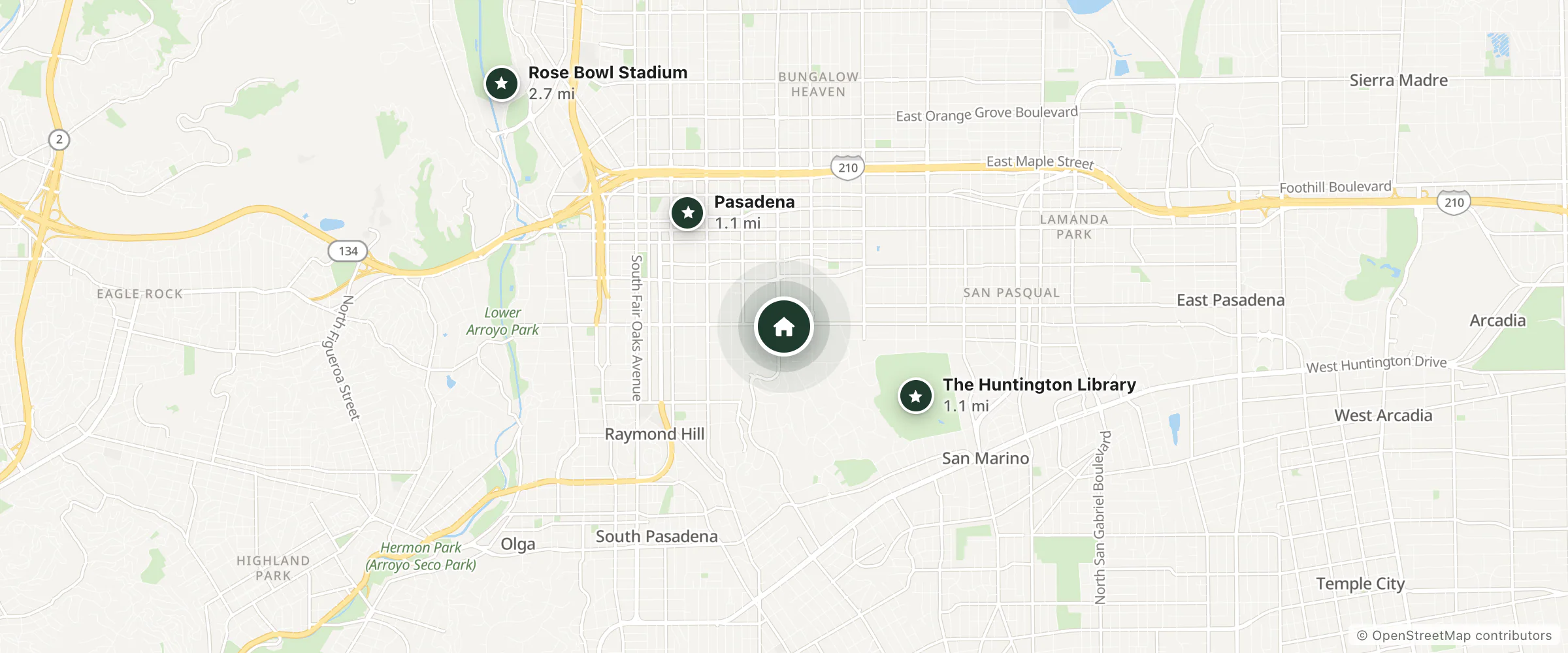 Map of Crown City Suites and nearby Pasadena, The Huntington Library and Rose Bowl Stadium