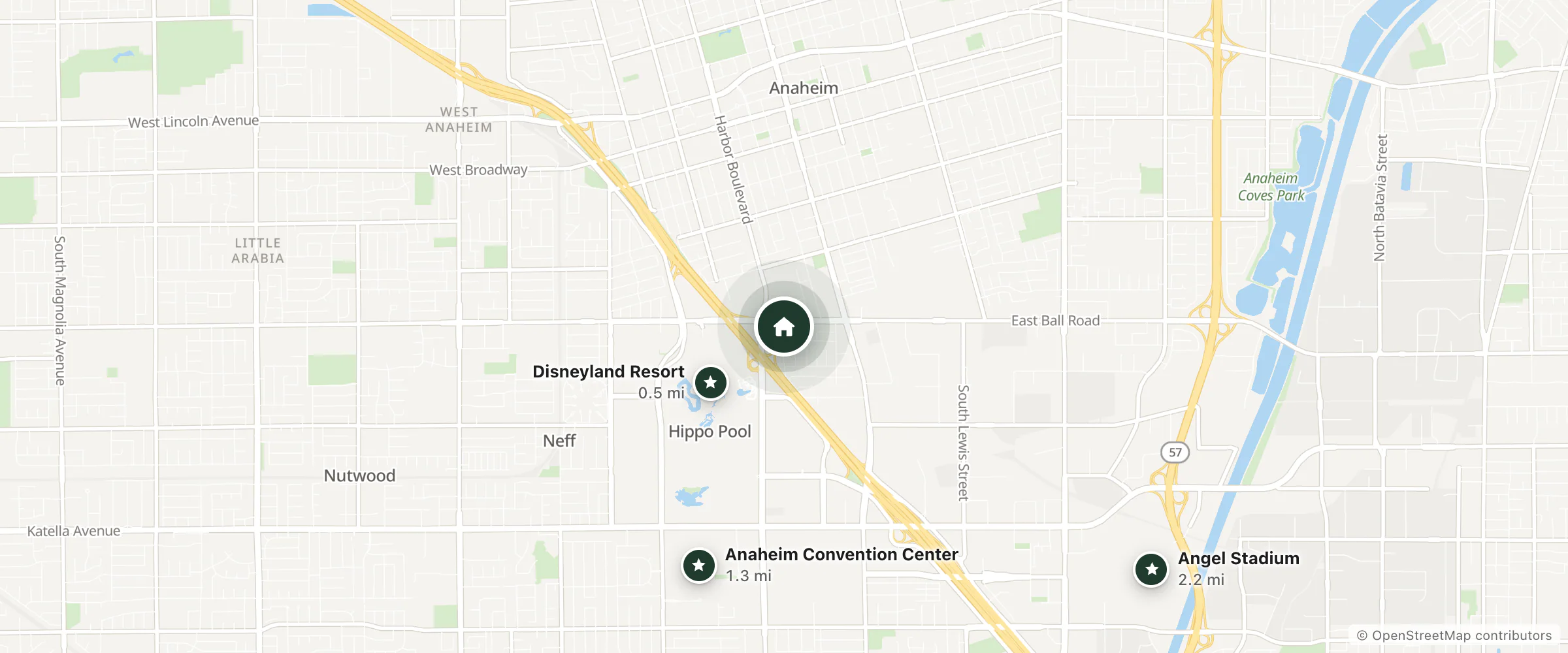 Map of Hotel 414 Anaheim and nearby Disneyland Resort, Anaheim Convention Center and Angel Stadium