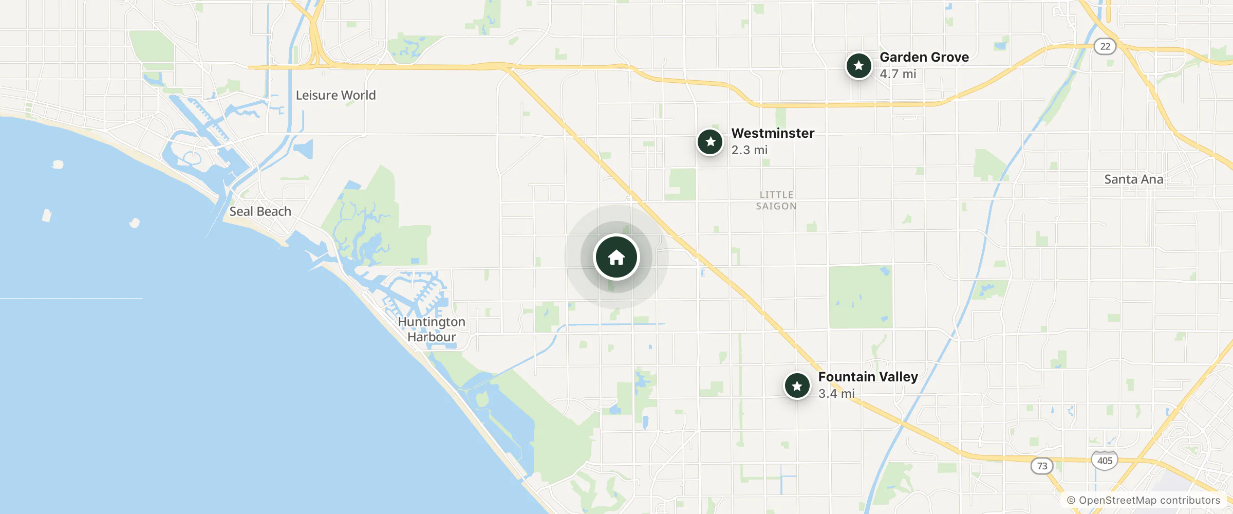 Map of Surf City Bed & Breakfast and nearby Westminster, Fountain Valley and Garden Grove