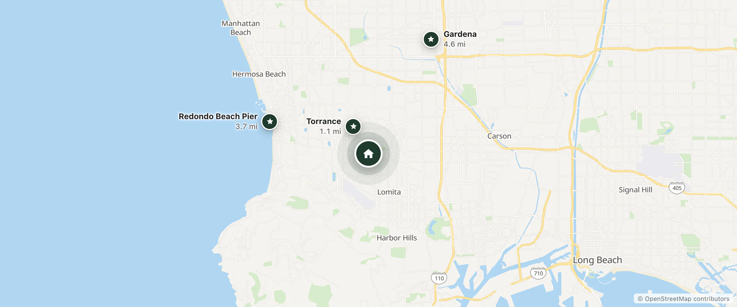 Map of Courtyard By Marriott and nearby Torrance, Redondo Beach Pier and Gardena