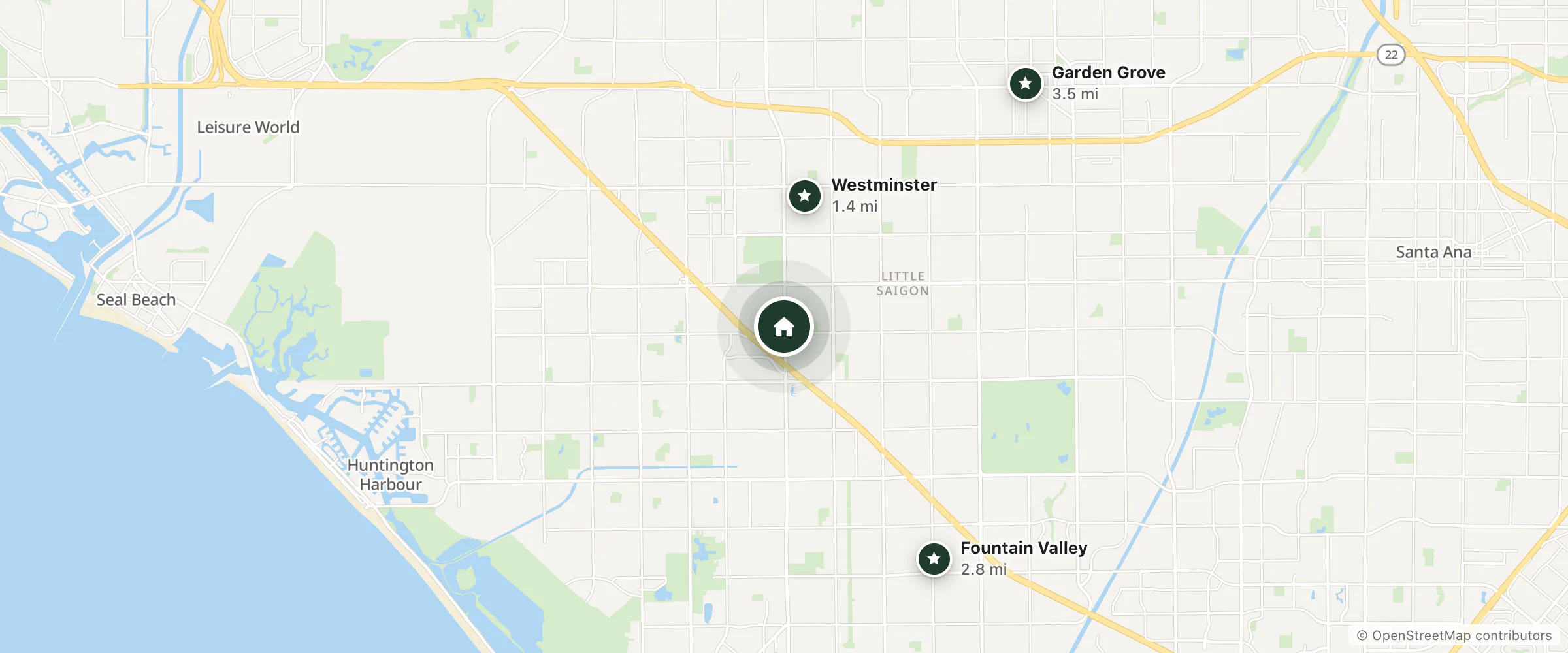 Map of Beach West Inn and nearby Westminster, Fountain Valley and Garden Grove