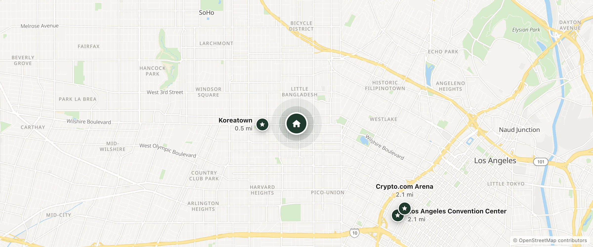 Map of California Hotel 1140 and nearby Koreatown, Los Angeles Convention Center and Crypto.com Arena