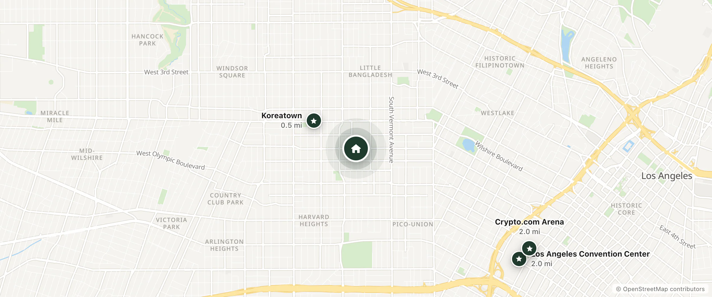 Map of H Hotel and nearby Koreatown, Los Angeles Convention Center and Crypto.com Arena