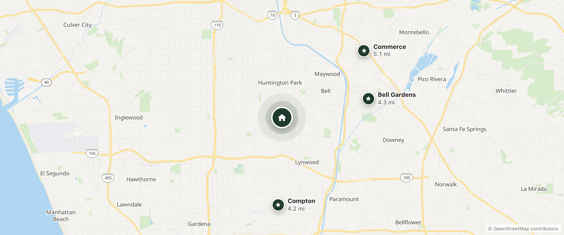 Map of Sunrise Inn and nearby Compton, Bell Gardens and Commerce