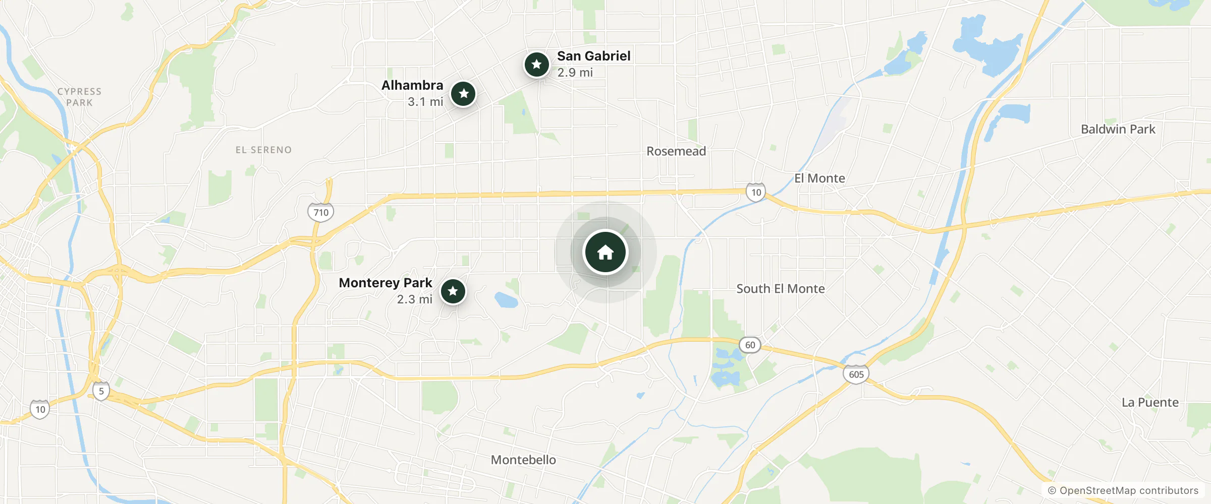 Map of Motel Vip and nearby Monterey Park, San Gabriel and Alhambra