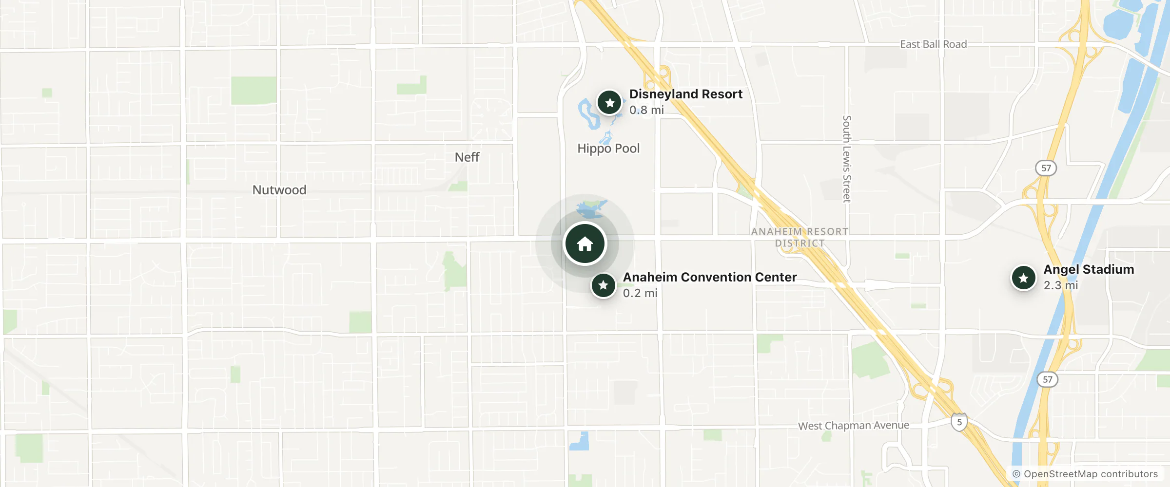 Map of The Anabella Hotel and nearby Anaheim Convention Center, Disneyland Resort and Angel Stadium