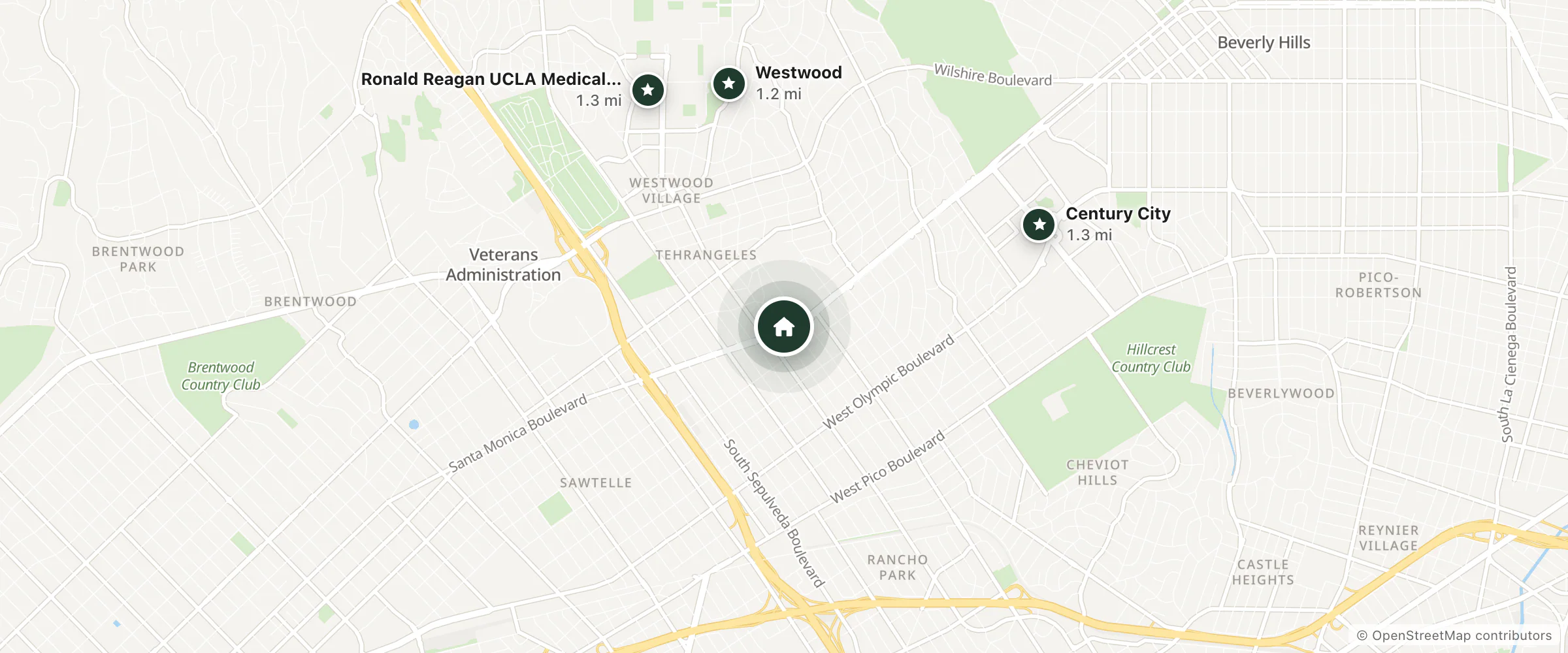 Map of Royal Santa Monica Motel and nearby Westwood, Ronald Reagan UCLA Medical Center and Century City