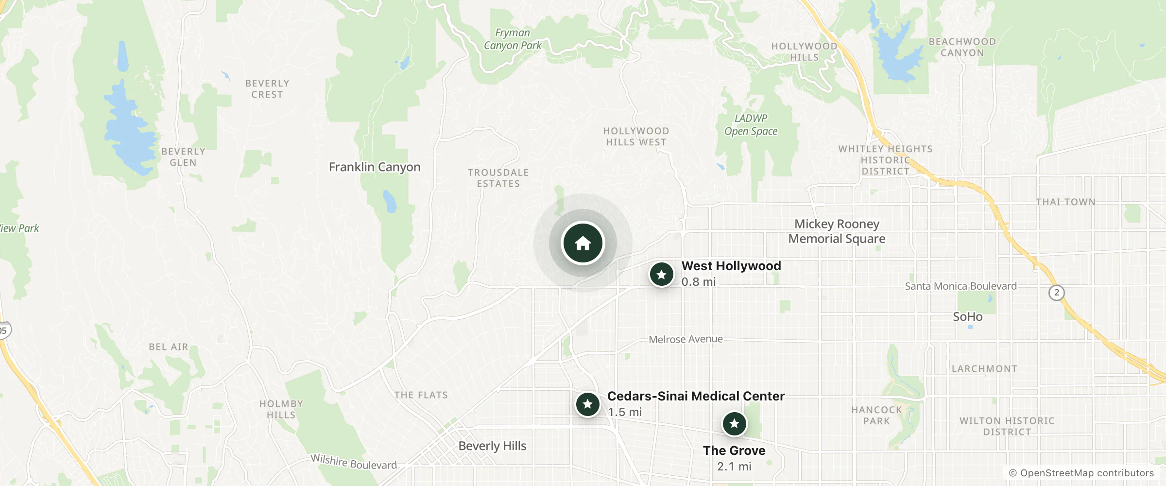Map of The Lew House and nearby West Hollywood, Cedars-Sinai Medical Center and The Grove