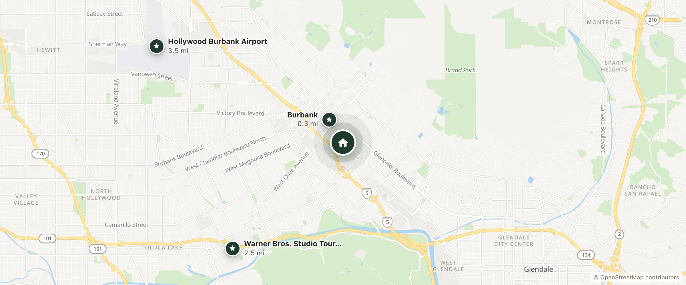 Map of SpringHill Suites by Marriott Los Angeles Burbank/Downtown and nearby Burbank, Warner Bros. Studio Tour Hollywood and Hollywood Burbank Airport