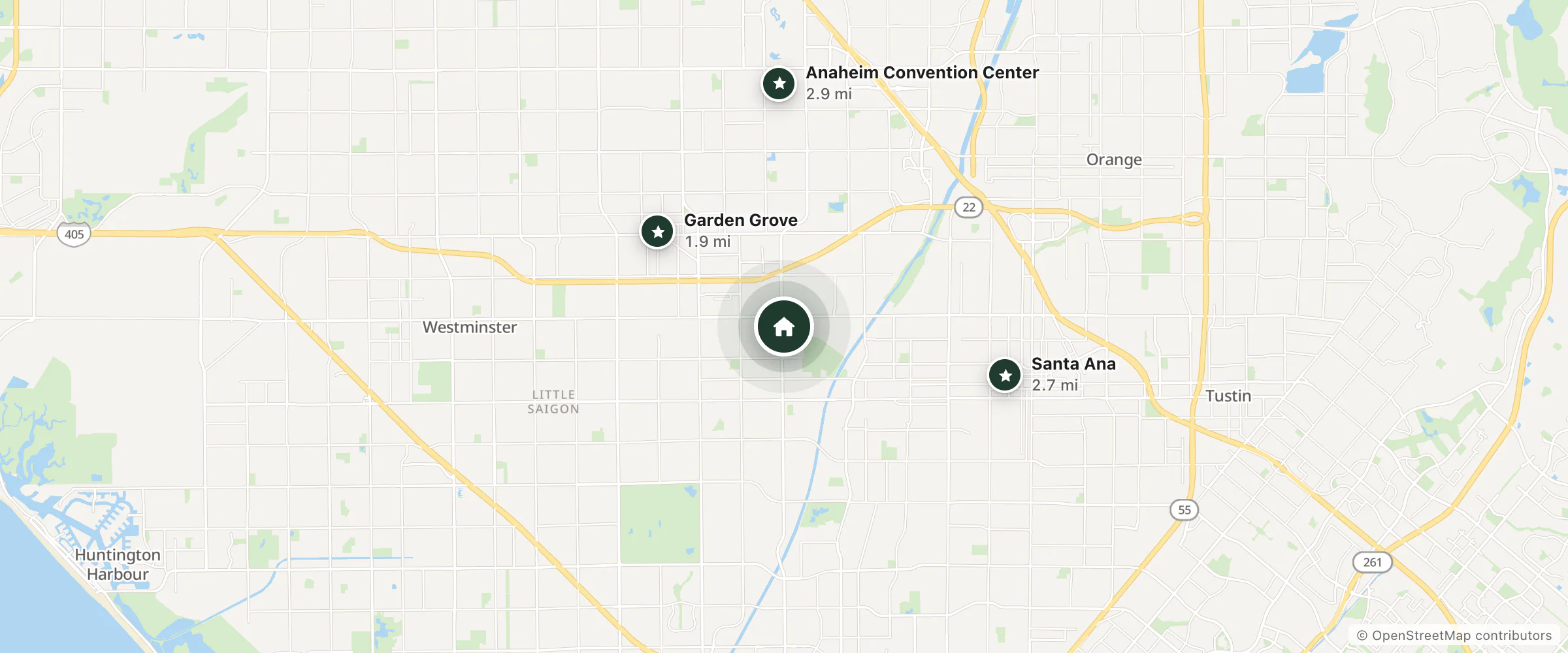 Map of Studio 6 Suites Santa Ana, CA and nearby Garden Grove, Santa Ana and Anaheim Convention Center