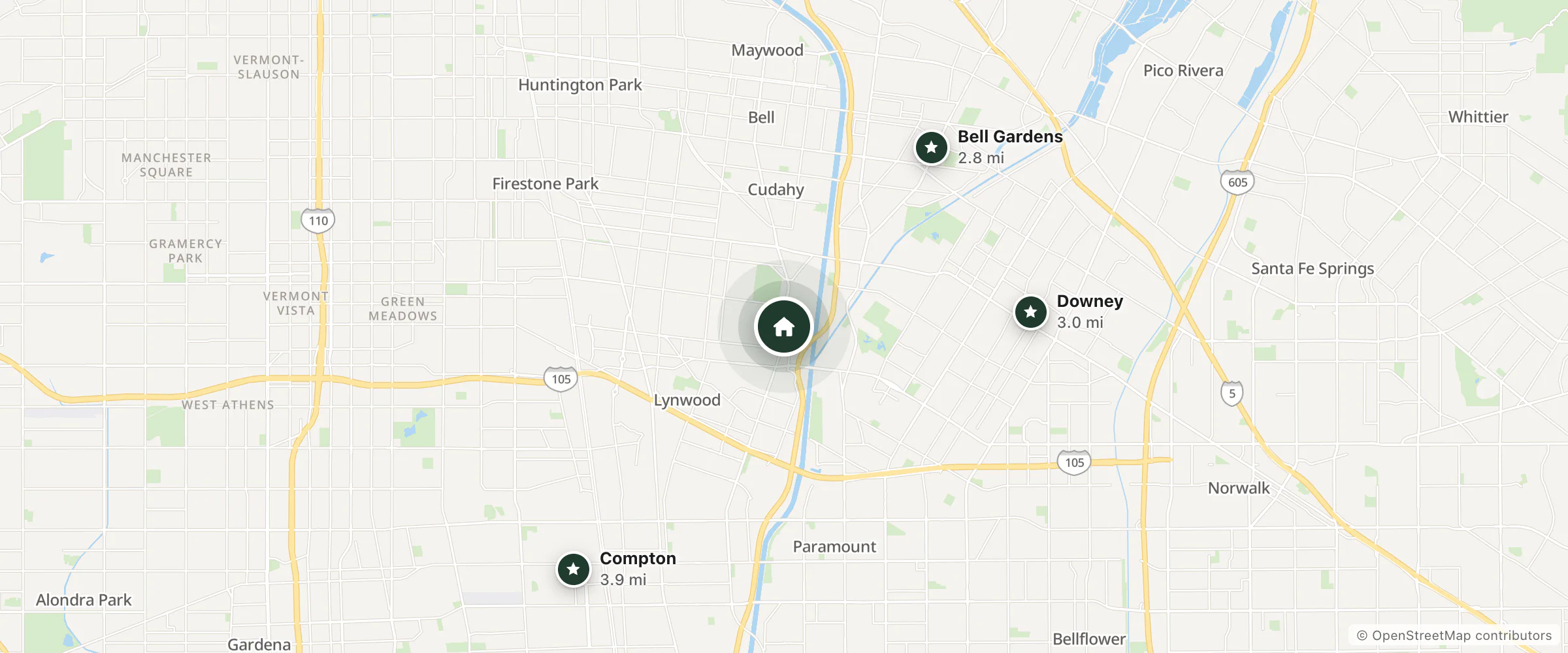 Map of Villa Luna Motel and nearby Bell Gardens, Downey and Compton