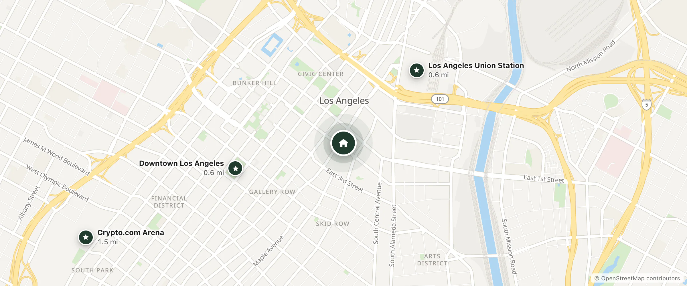 Map of DoubleTree by Hilton Hotel Los Angeles Downtown and nearby Los Angeles Union Station, Downtown Los Angeles and Crypto.com Arena