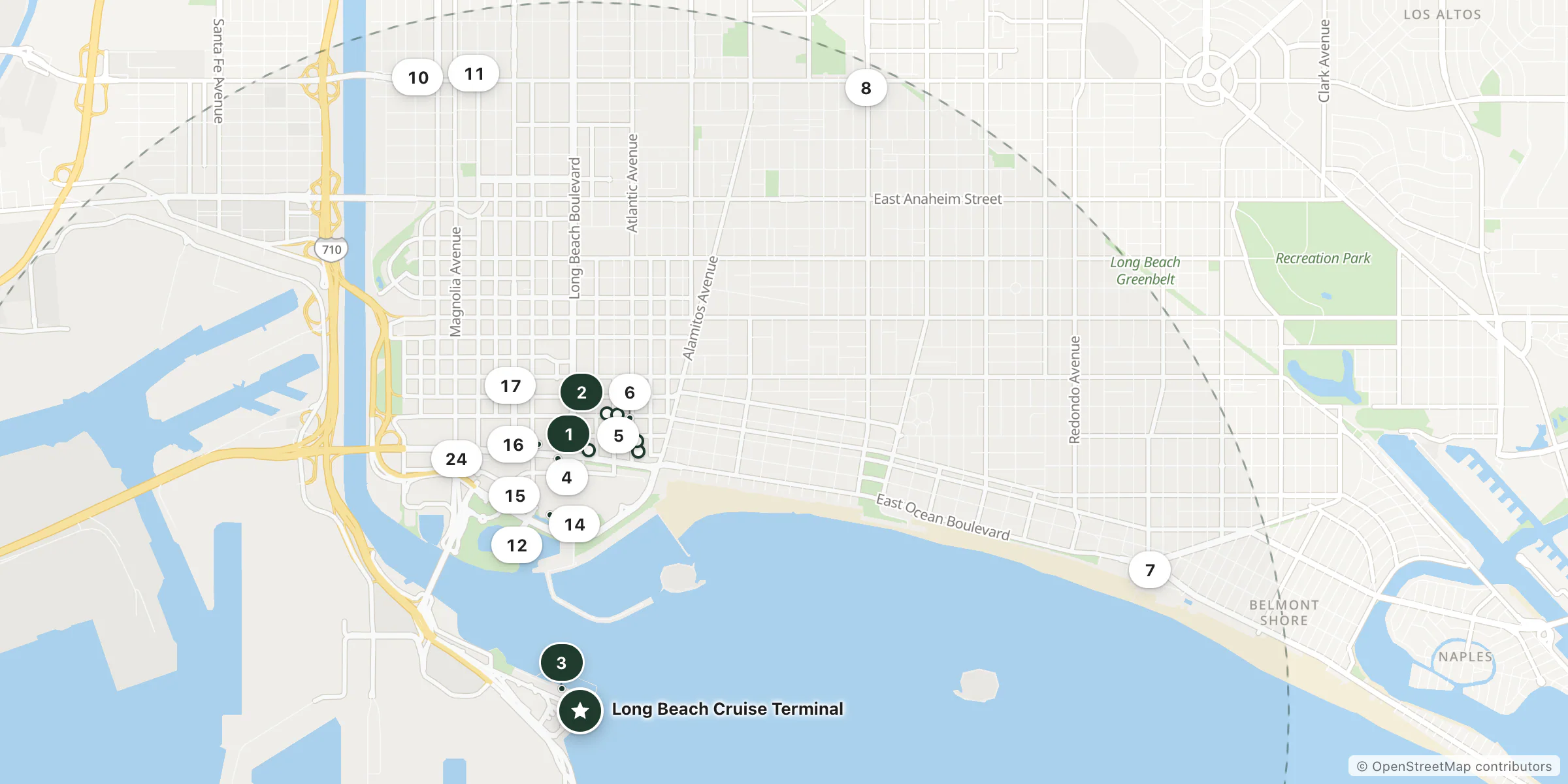 Map of hotels near Long Beach Cruise Terminal