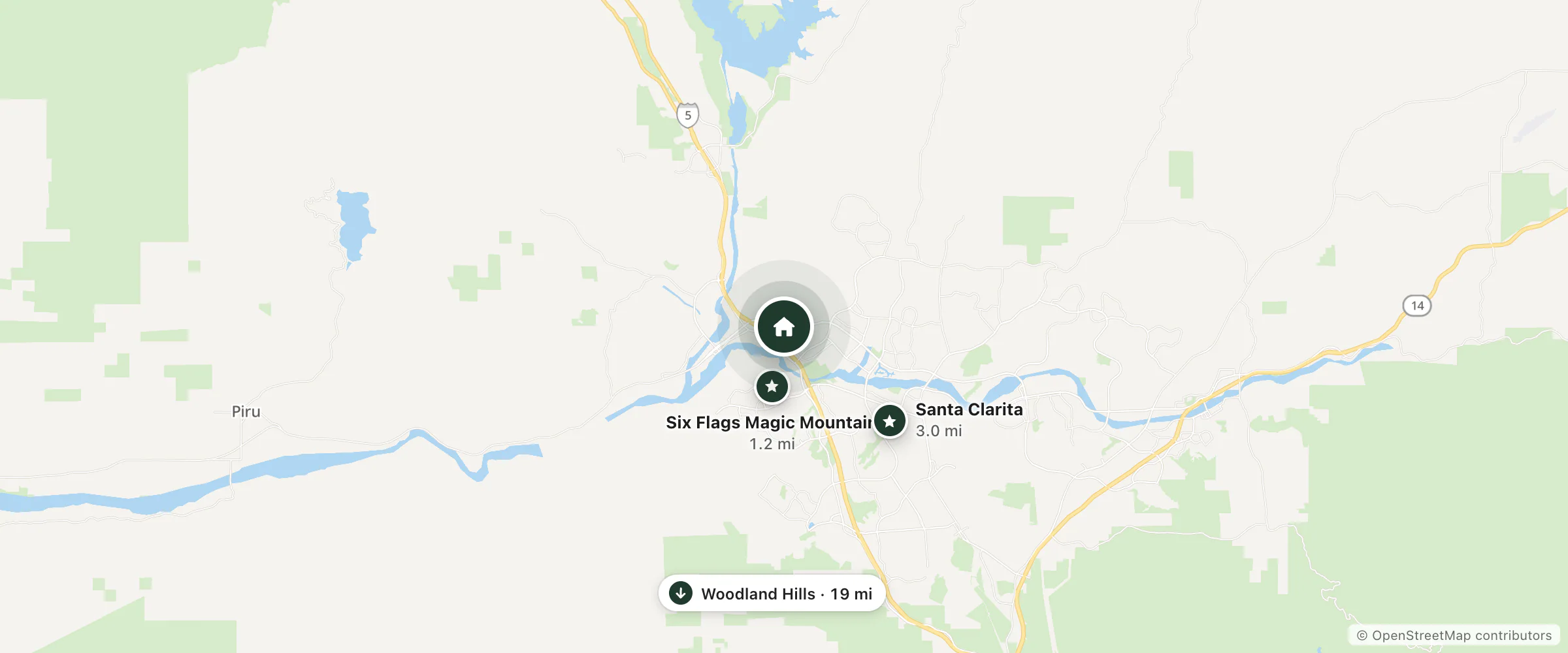 Map of Homewood Suites by Hilton and nearby Six Flags Magic Mountain, Santa Clarita and Woodland Hills