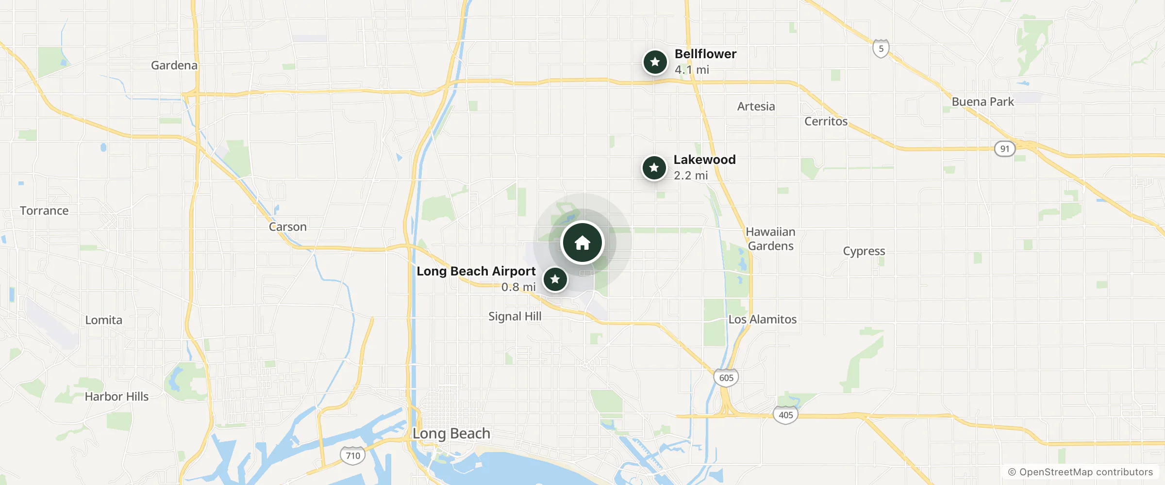 Map of Hampton Inn Long Beach Airport and nearby Long Beach Airport, Lakewood and Bellflower