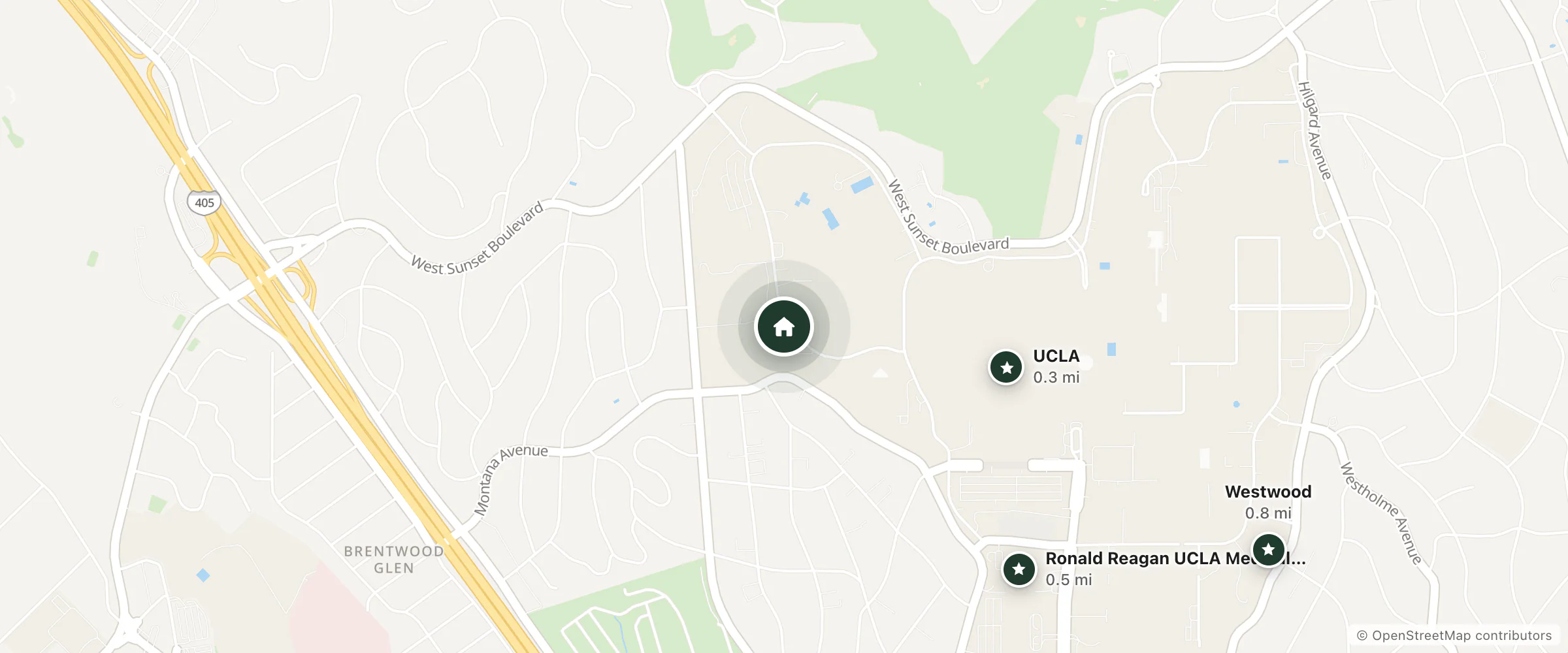Map of UCLA Saxon Suites and nearby UCLA, Ronald Reagan UCLA Medical Center and Westwood