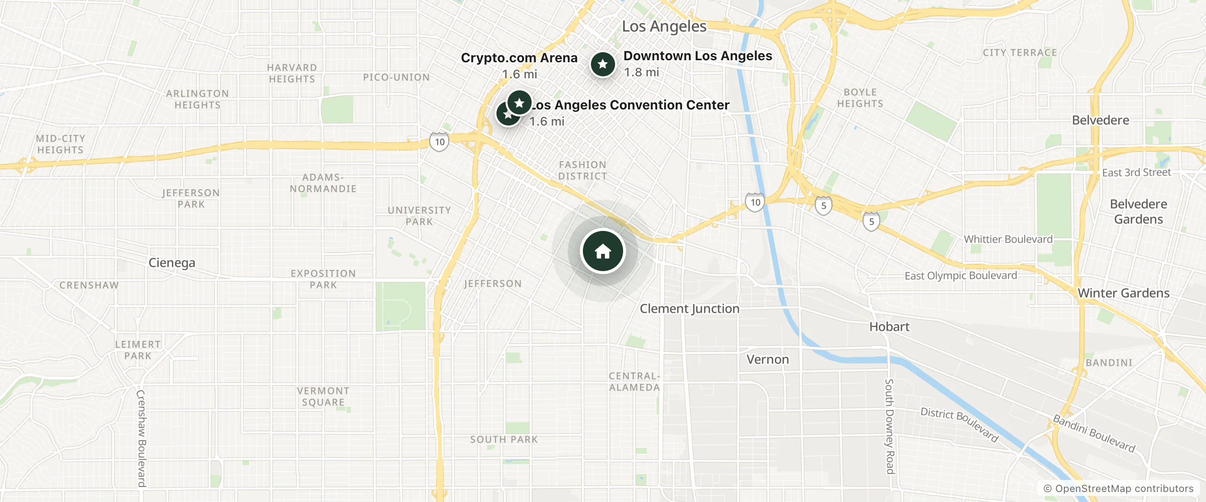 Map of Eastsider Motel and nearby Los Angeles Convention Center, Crypto.com Arena and Downtown Los Angeles