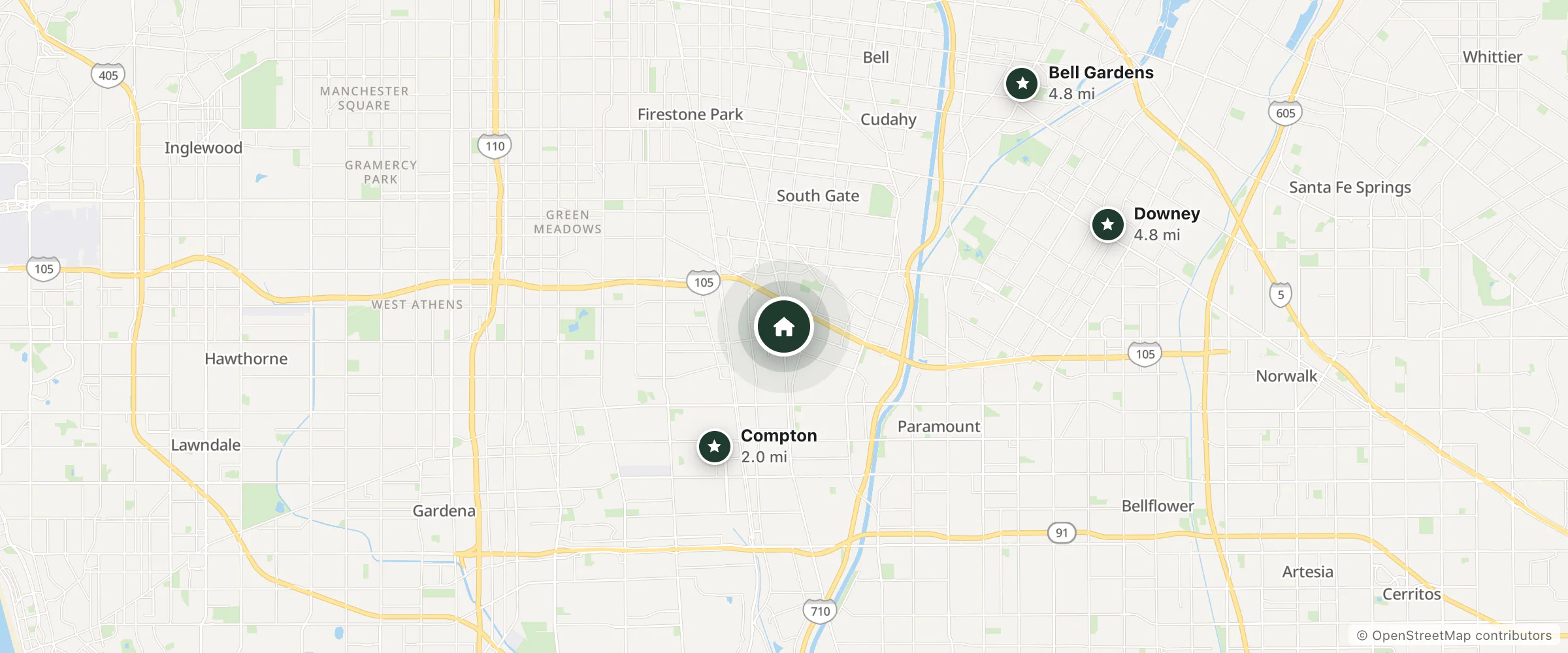 Map of Mission Motel and nearby Compton, Downey and Bell Gardens
