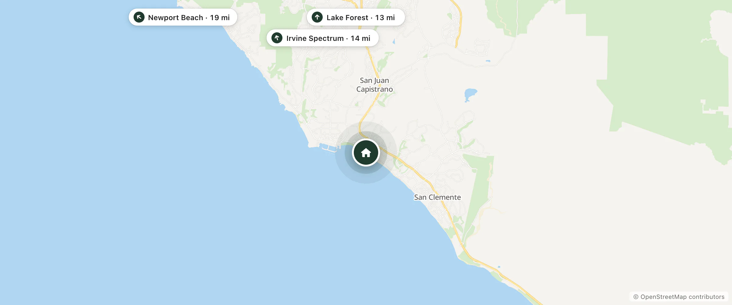 Map of El Caminante Bar & Bungalows and nearby Lake Forest, Irvine Spectrum and Newport Beach
