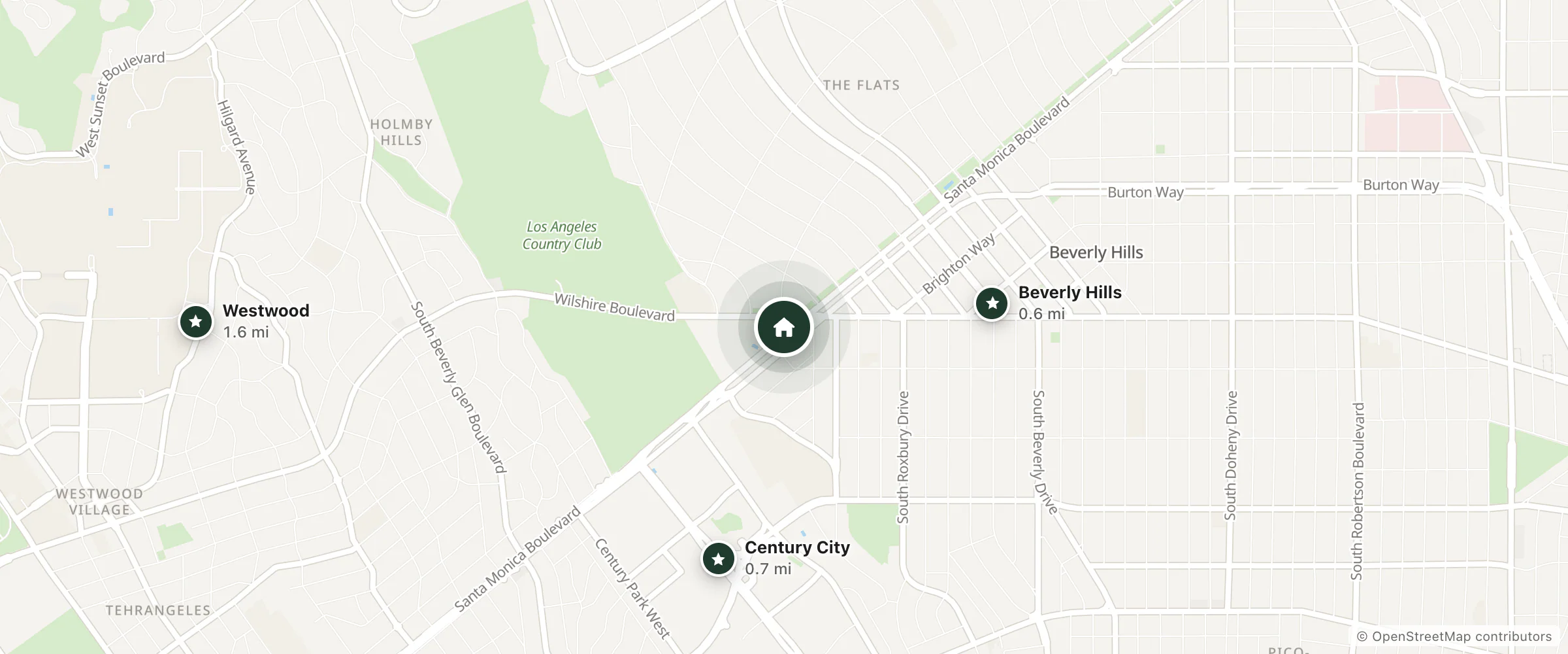 Map of Waldorf Astoria Beverly Hills and nearby Beverly Hills, Century City and Westwood