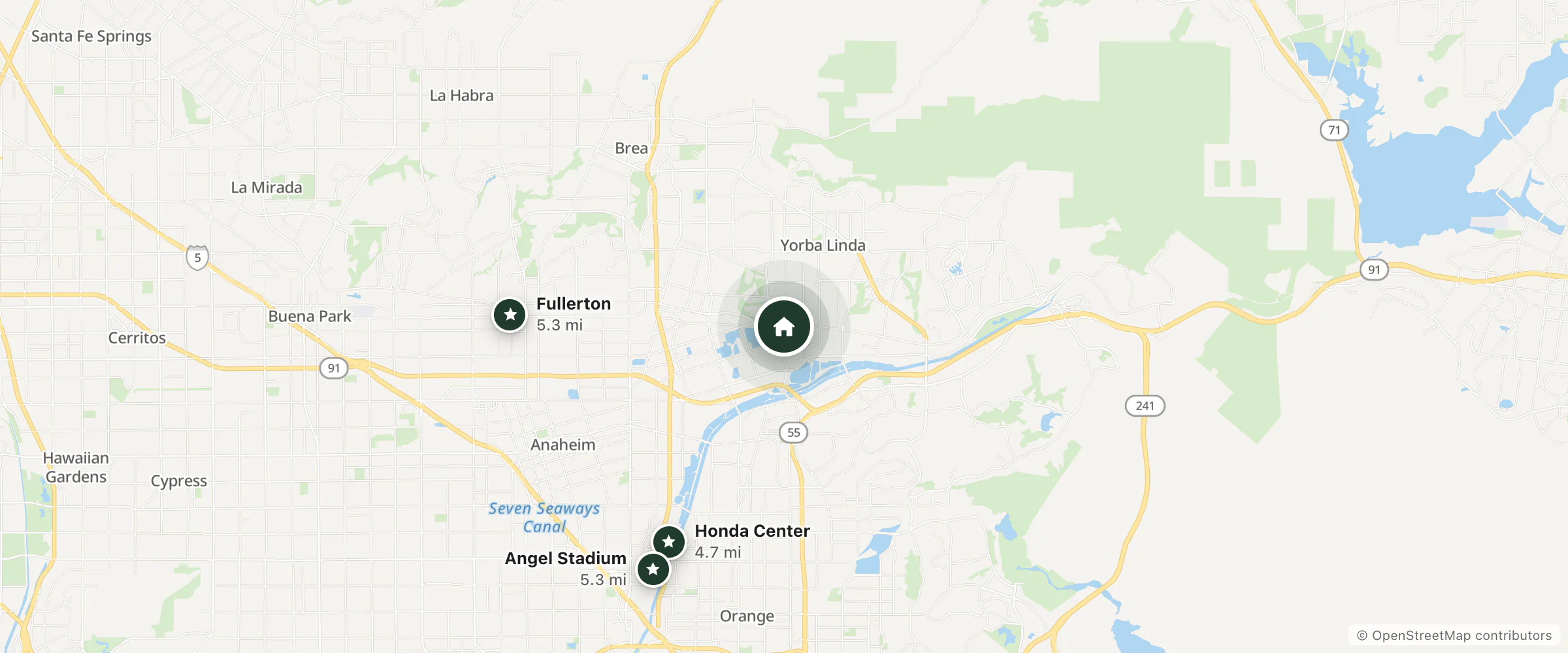 Map of Damal Hotel Hargeisa and nearby Honda Center, Fullerton and Angel Stadium
