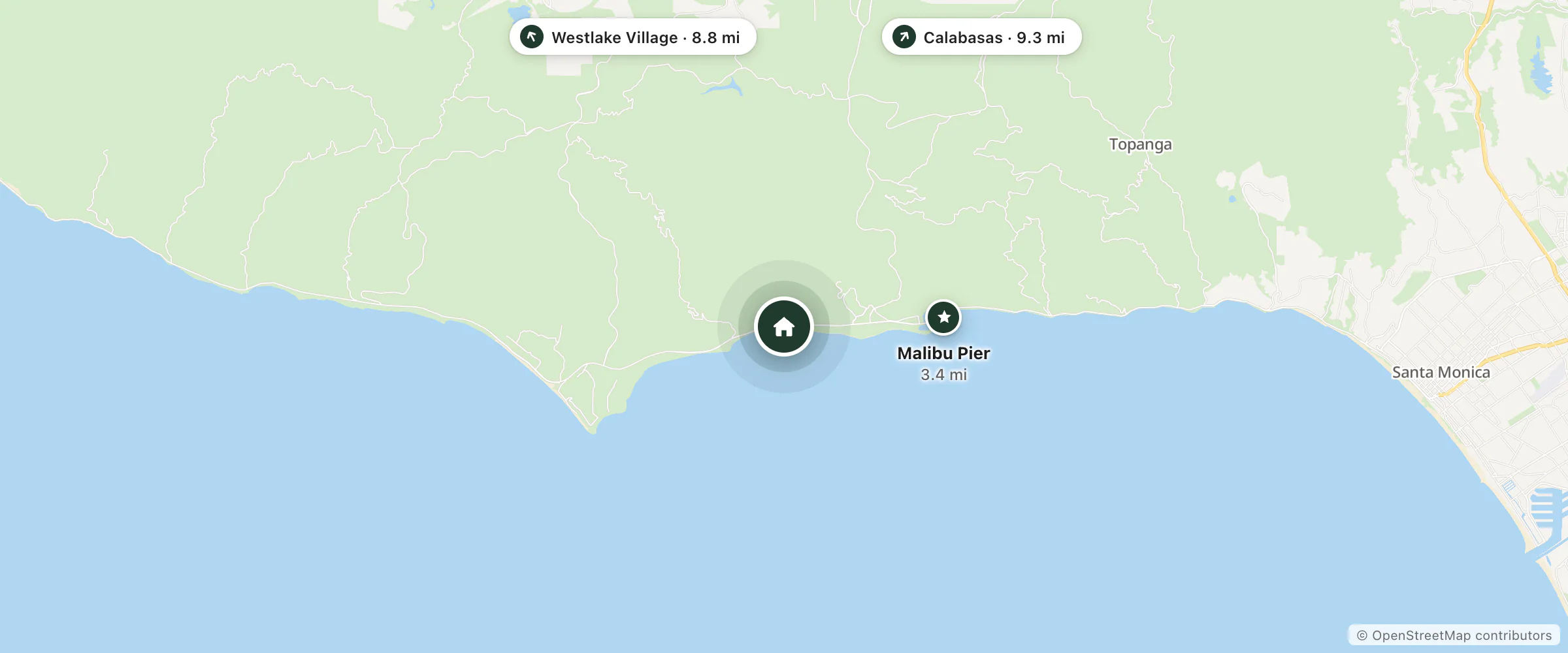 Map of Malibu beach and nearby Malibu Pier, Westlake Village and Calabasas
