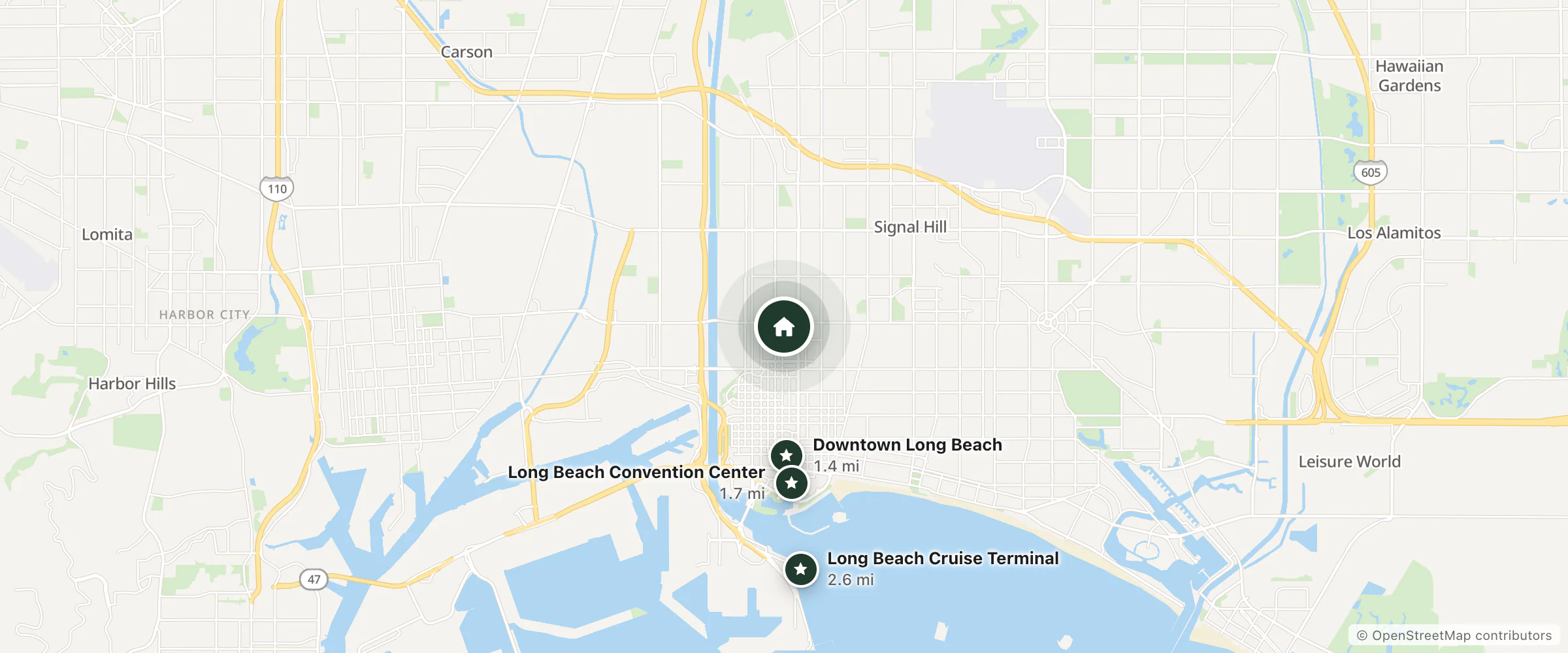 Map of Slumber Inn Motel and nearby Downtown Long Beach, Long Beach Convention Center and Long Beach Cruise Terminal