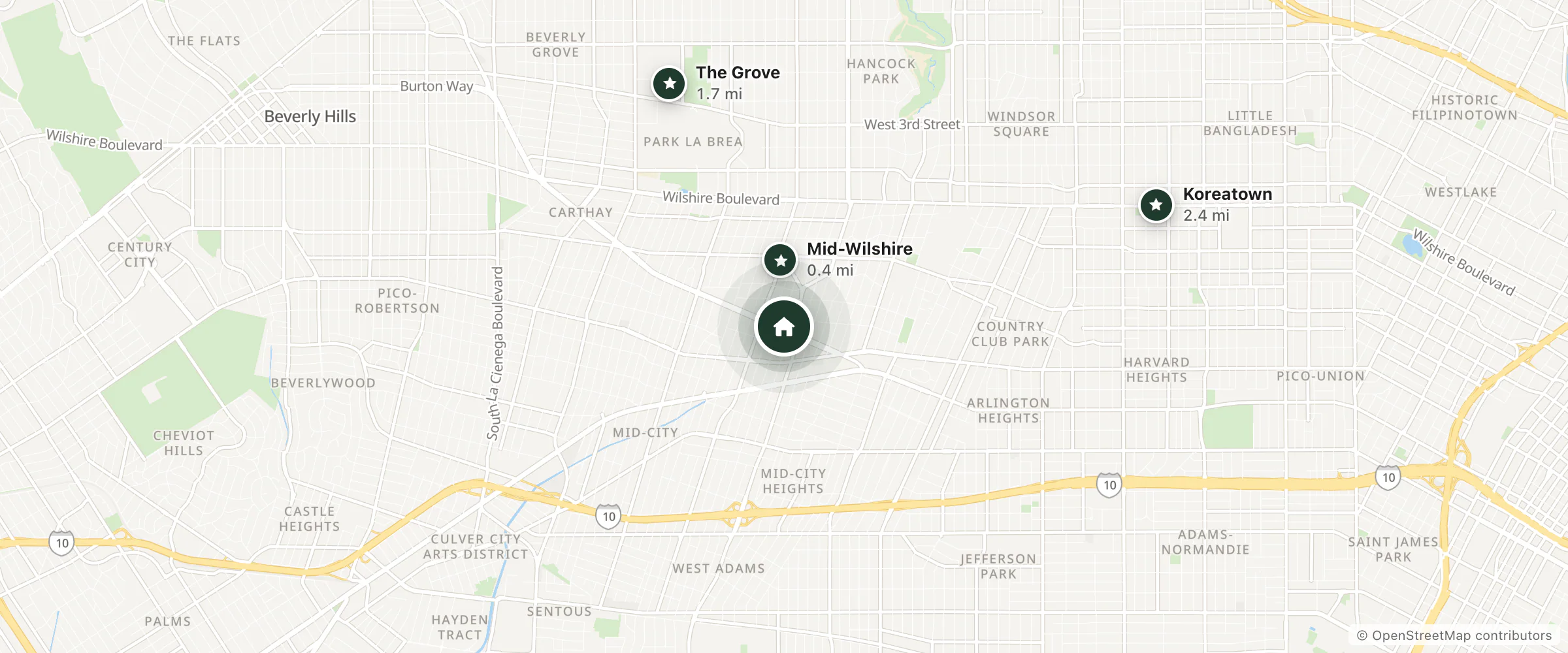 Map of San Vicente Place and nearby Mid-Wilshire, The Grove and Koreatown