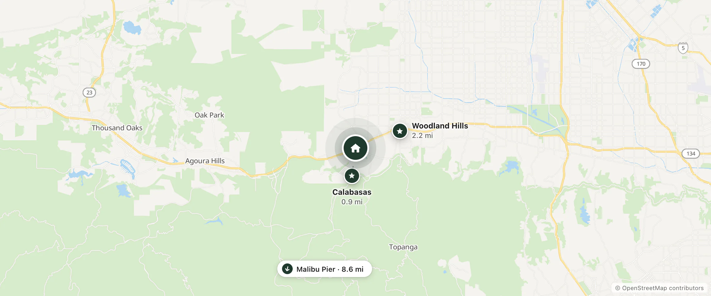 Map of The Anza A Calabasas Hotel and nearby Calabasas, Woodland Hills and Malibu Pier