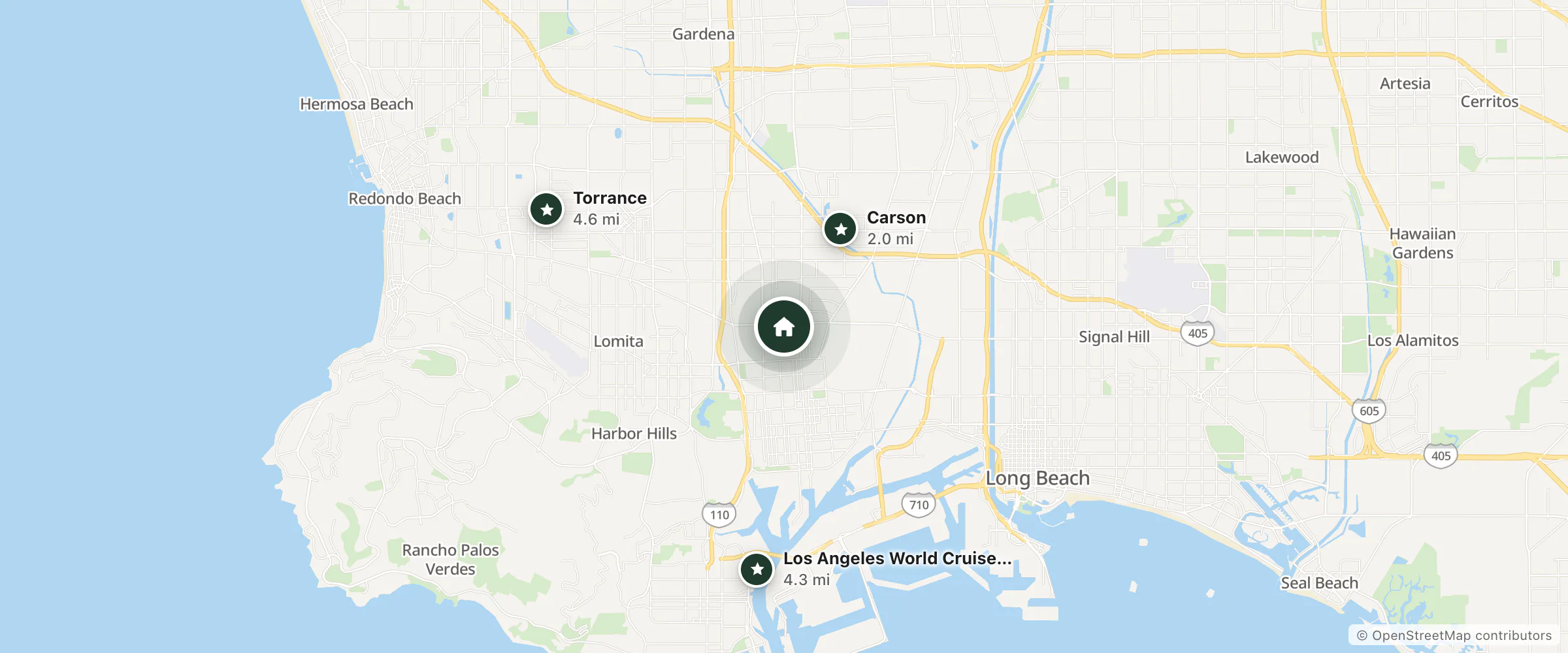 Map of Carson Hotel and nearby Carson, Los Angeles World Cruise Center and Torrance