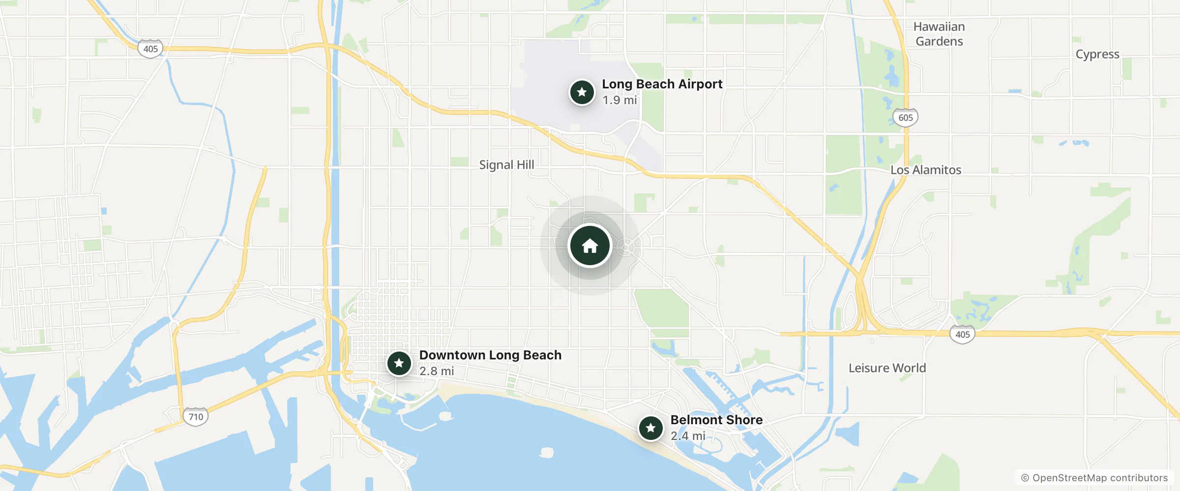 Map of QueenCity Inn and nearby Long Beach Airport, Belmont Shore and Downtown Long Beach