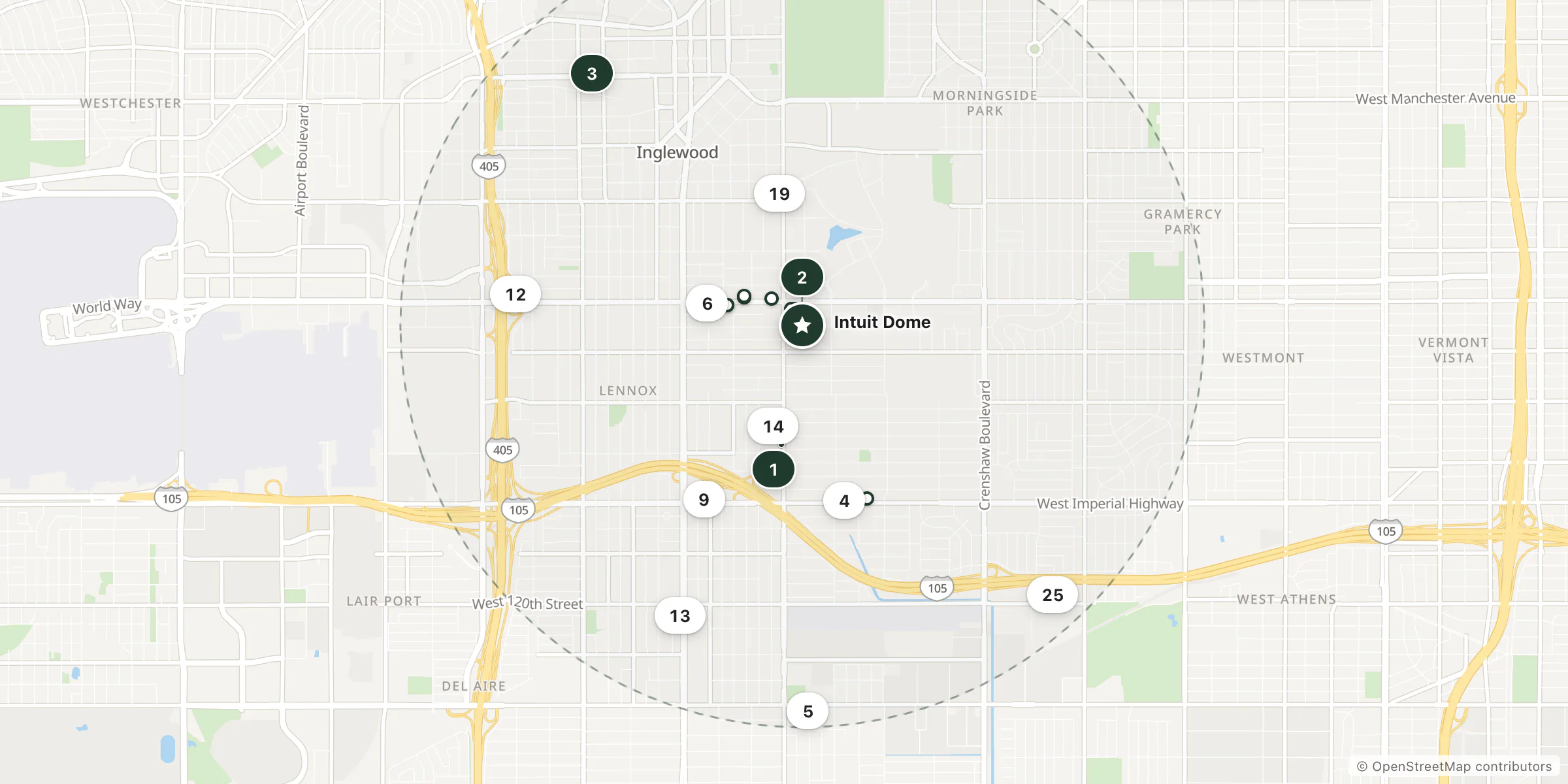 Map of hotels near Intuit Dome