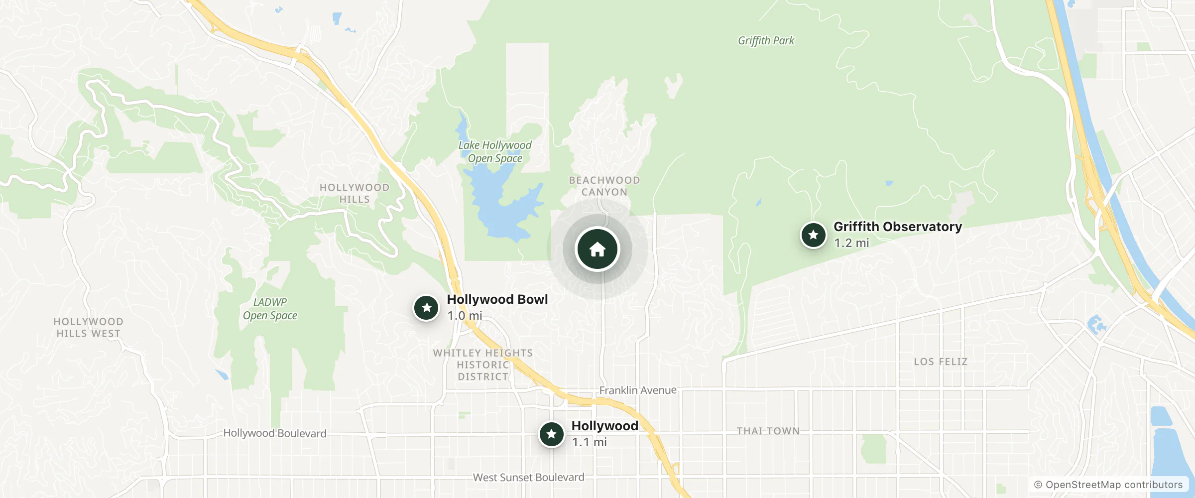 Map of Hollywood Guest Suite and nearby Hollywood Bowl, Hollywood and Griffith Observatory