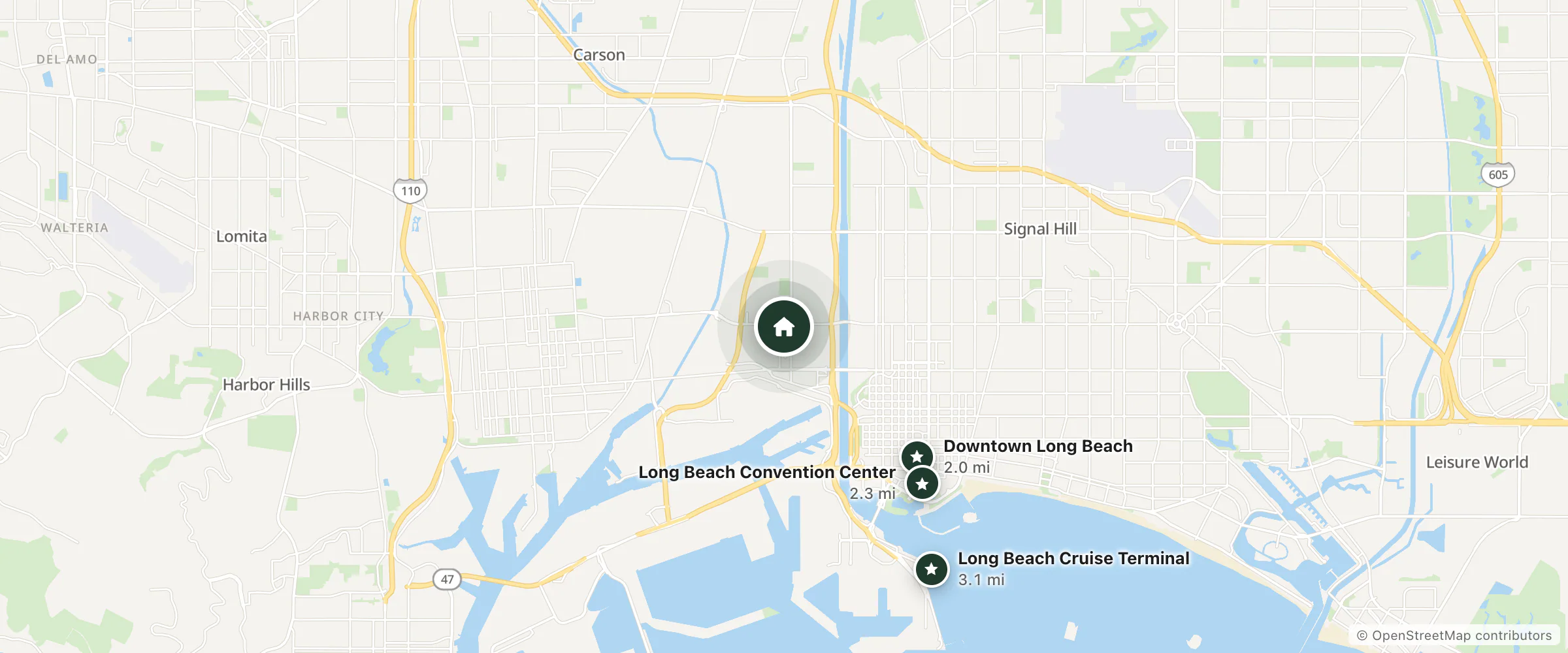 Map of Eagle Motel and nearby Downtown Long Beach, Long Beach Convention Center and Long Beach Cruise Terminal