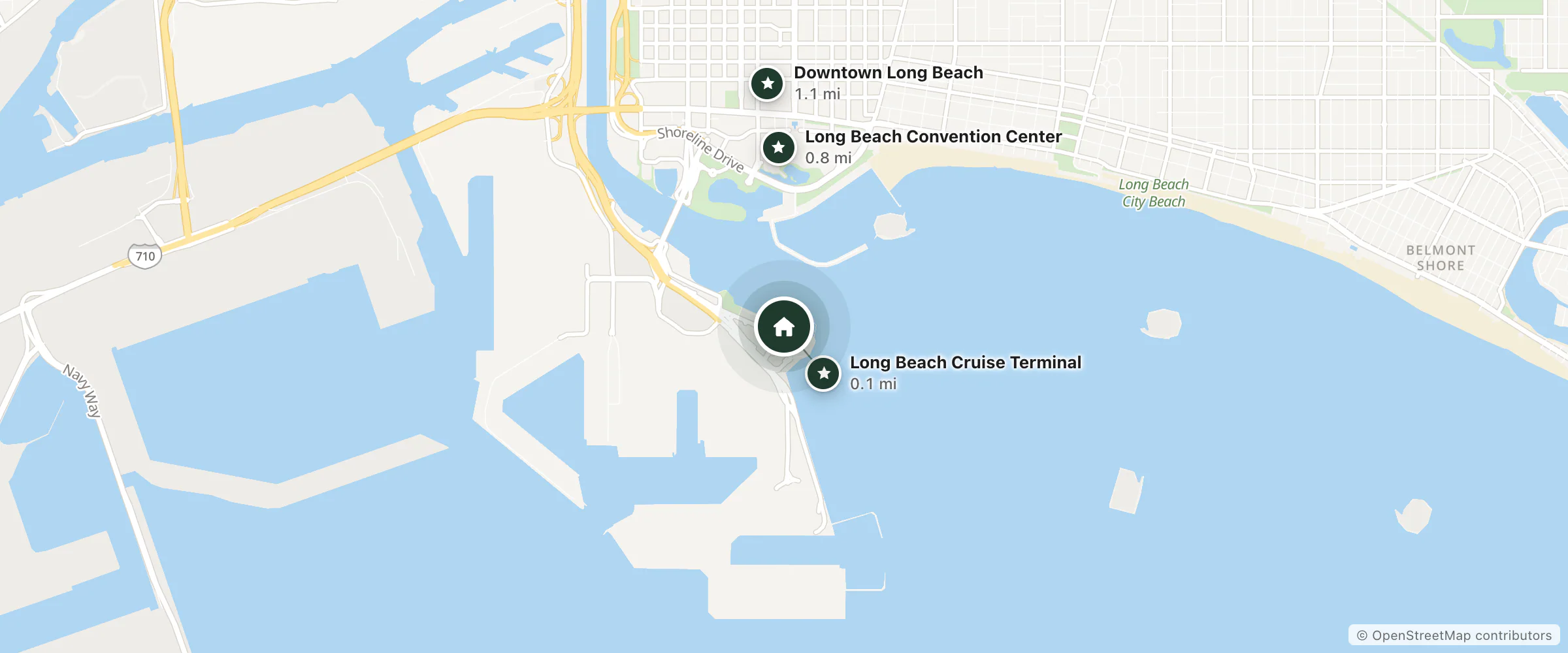 Map of The Queen Mary and nearby Long Beach Cruise Terminal, Long Beach Convention Center and Downtown Long Beach