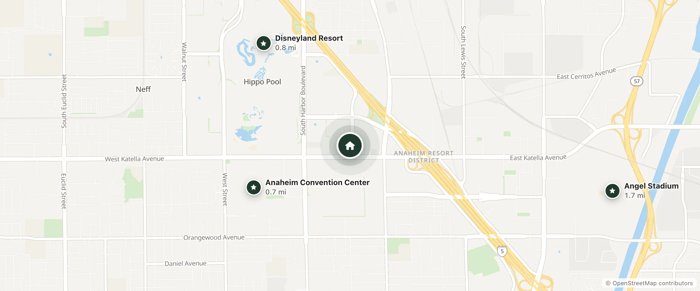 Map of JW Marriott and nearby Anaheim Convention Center, Disneyland Resort and Angel Stadium