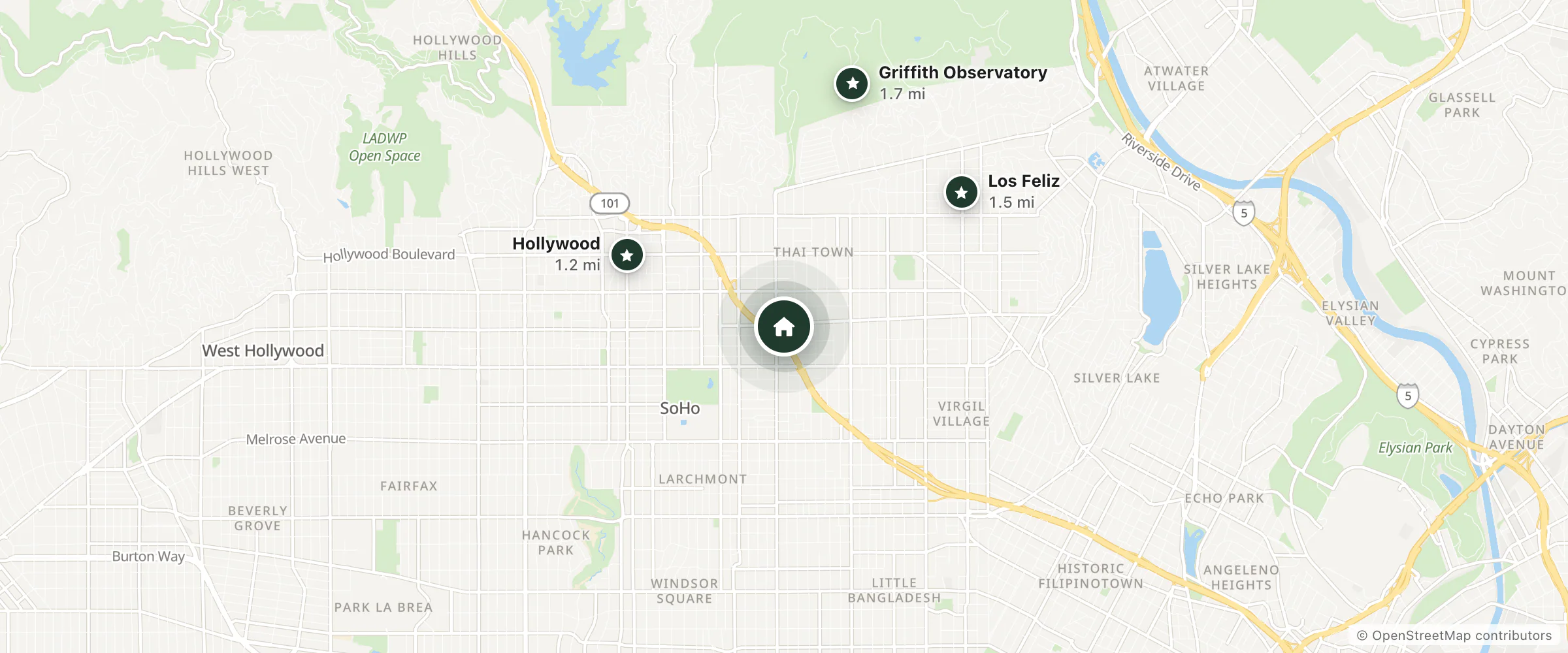 Map of Tropicana Inn Motel and nearby Hollywood, Los Feliz and Griffith Observatory