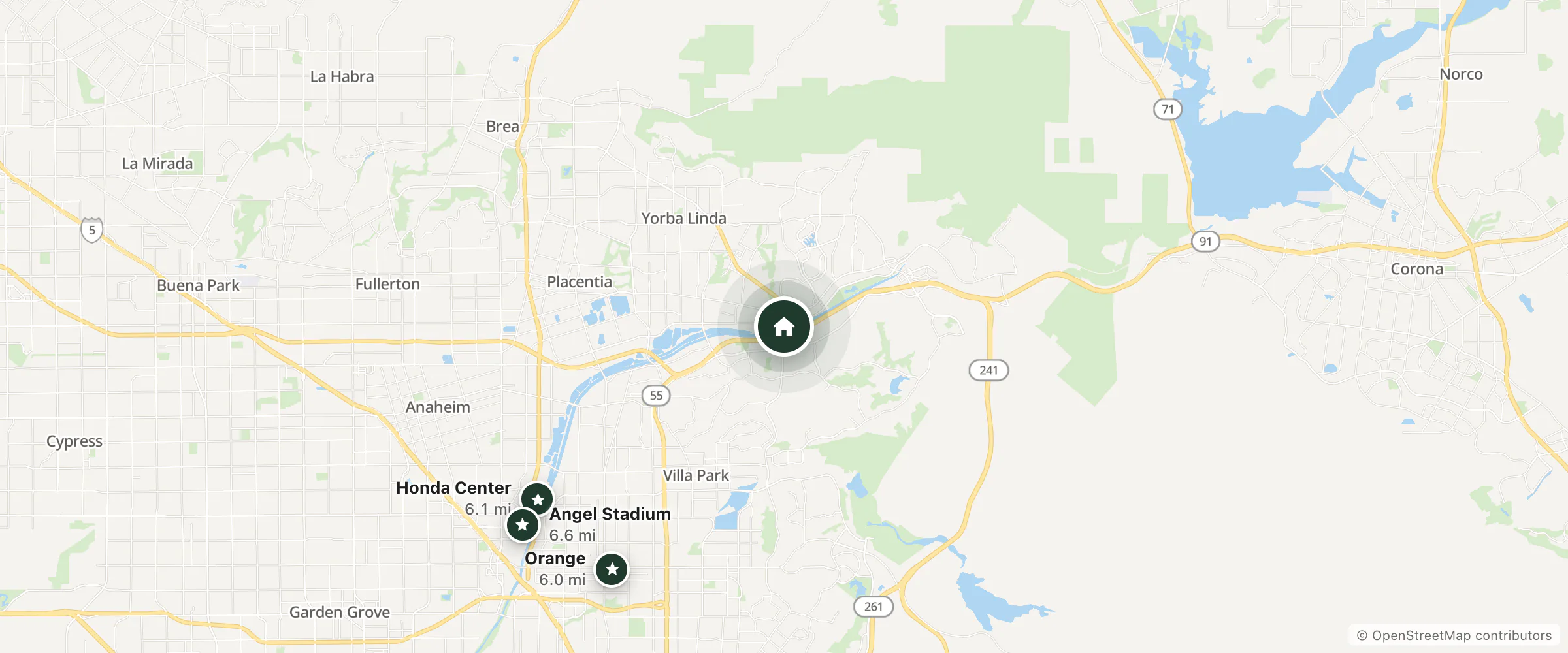 Map of Motel 6 Anaheim Hills, Ca and nearby Orange, Honda Center and Angel Stadium