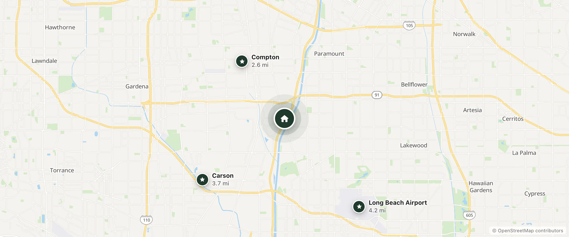 Map of Long Beach Days Inn and nearby Compton, Carson and Long Beach Airport