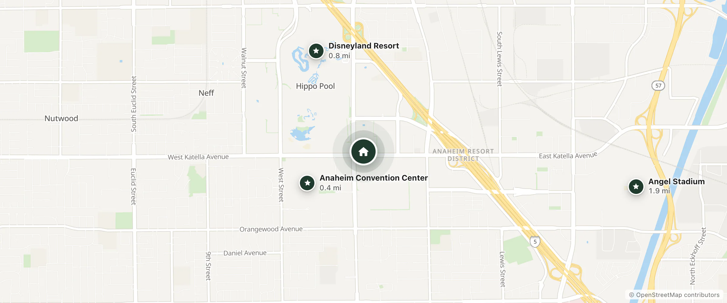 Map of Wyndham Anaheim and nearby Anaheim Convention Center, Disneyland Resort and Angel Stadium