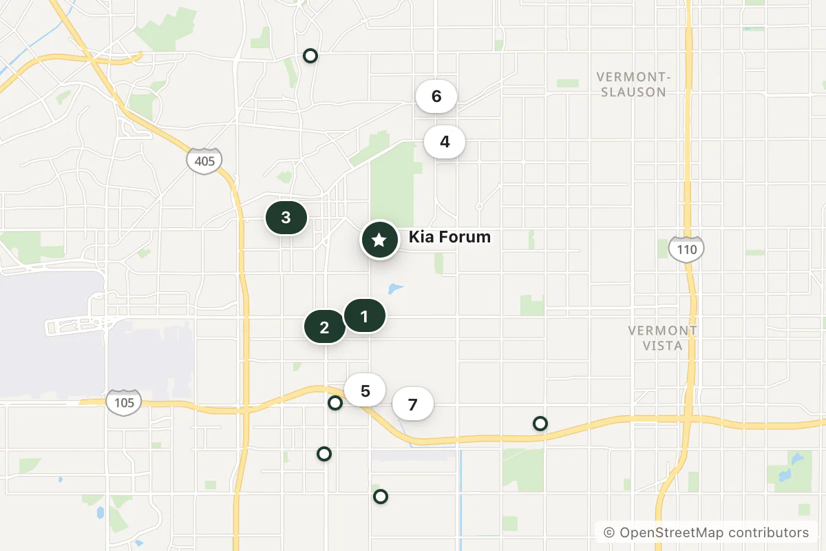 Map of the top 14 hotels for this question around Kia Forum