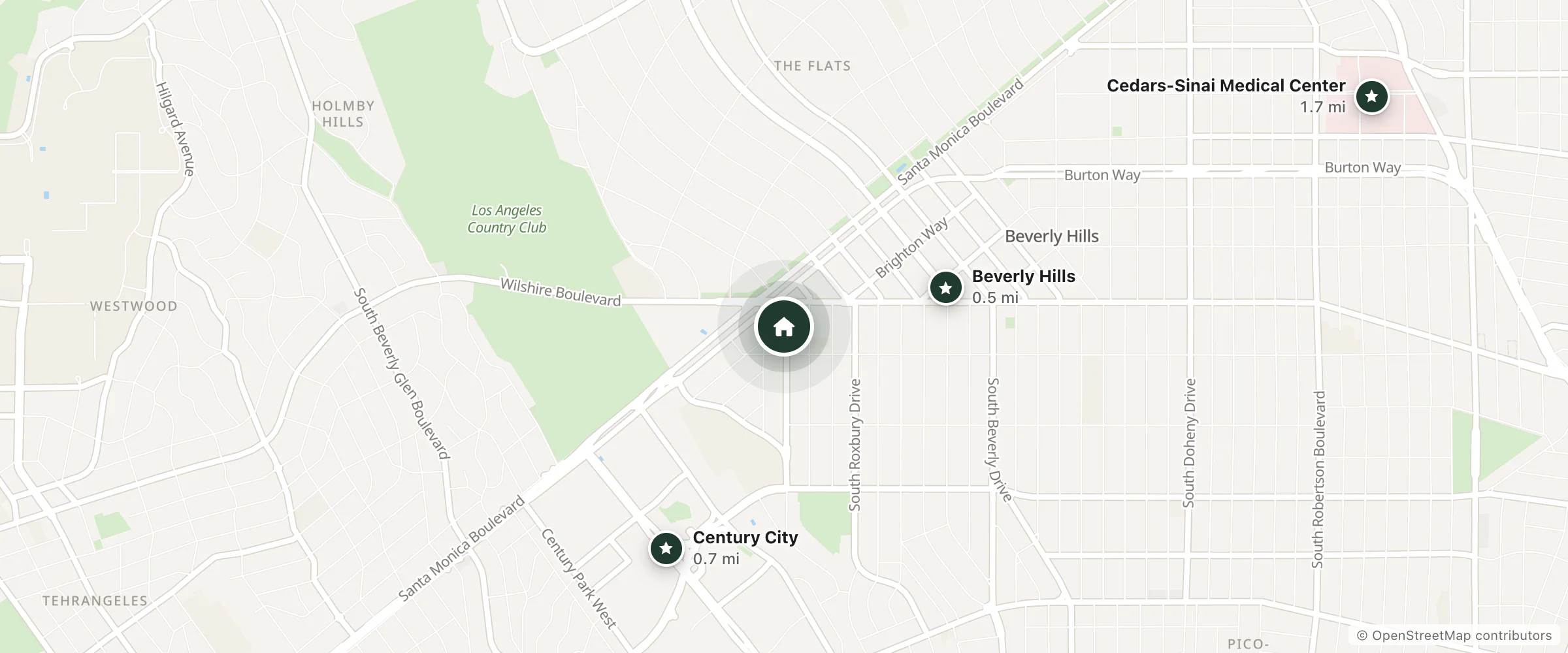 Map of Mosaic Hotel and nearby Beverly Hills, Century City and Cedars-Sinai Medical Center