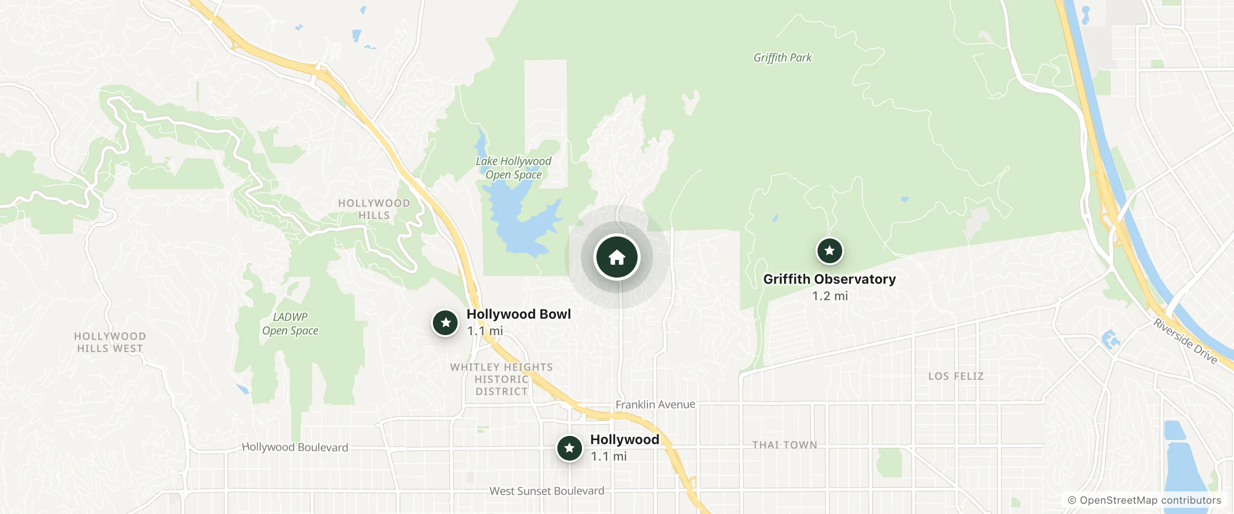 Map of Beachwood Canyon Retreat and nearby Hollywood Bowl, Hollywood and Griffith Observatory