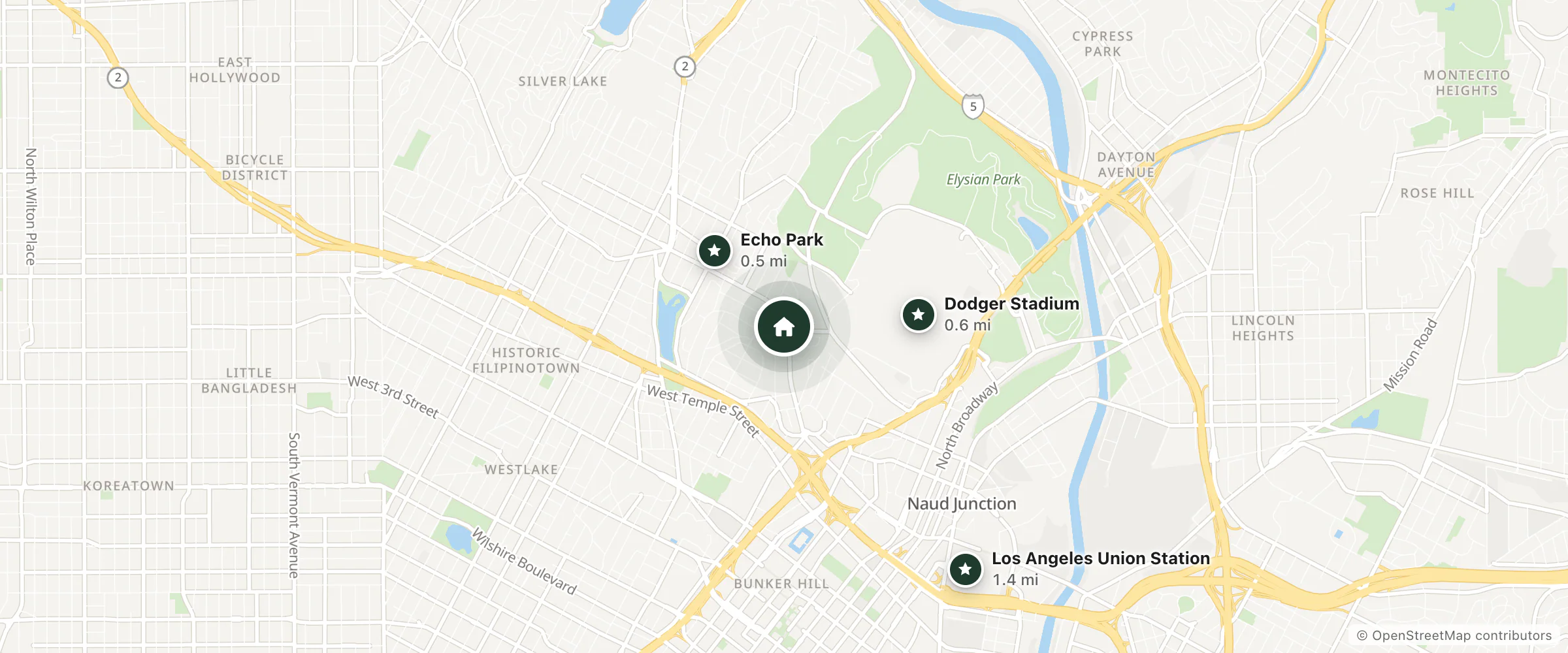 Map of Super 8 and nearby Echo Park, Dodger Stadium and Los Angeles Union Station