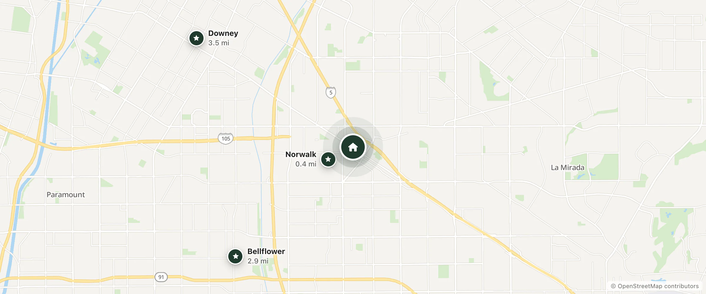 Map of Best Value Motel and nearby Norwalk, Bellflower and Downey