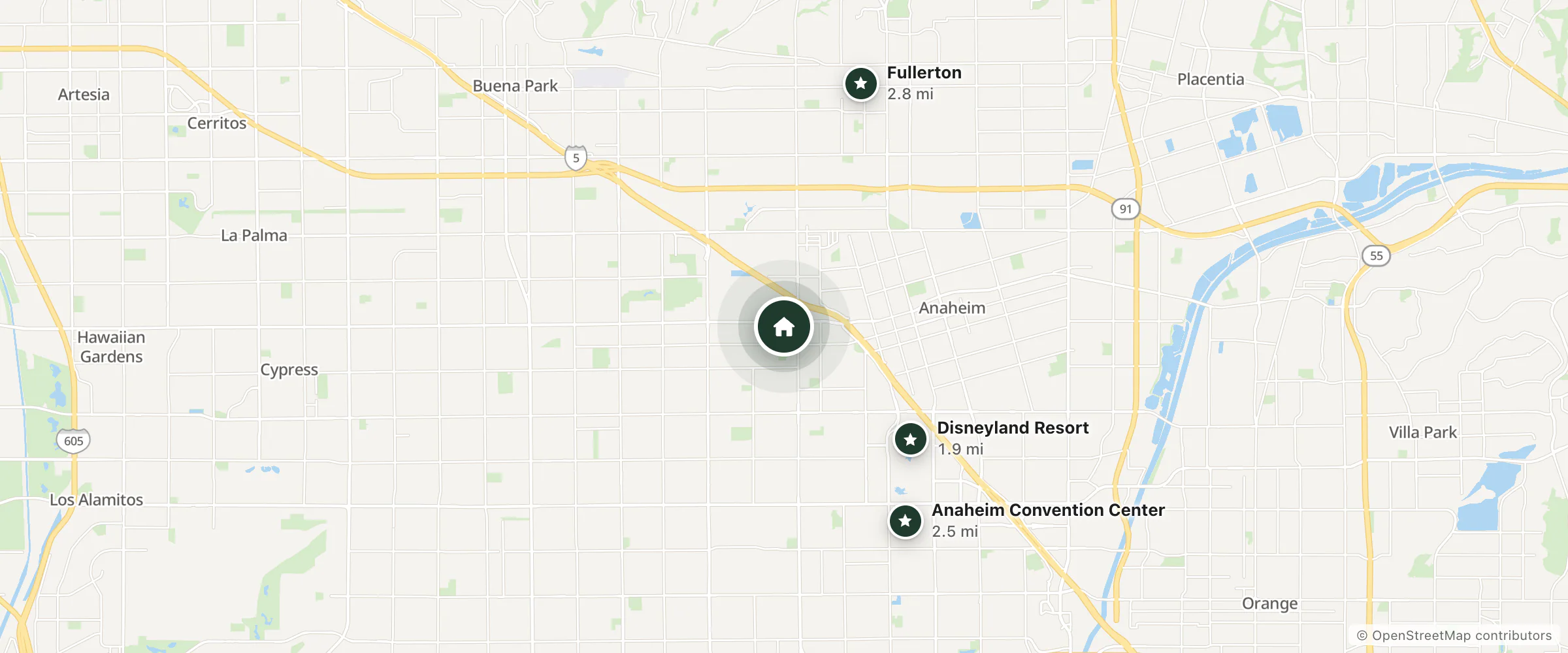 Map of Kettle Motor Hotel and nearby Disneyland Resort, Anaheim Convention Center and Fullerton