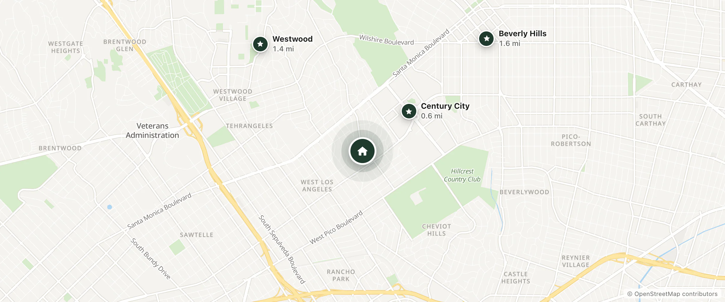 Map of The Linnington Bed and Breakfast and nearby Century City, Westwood and Beverly Hills