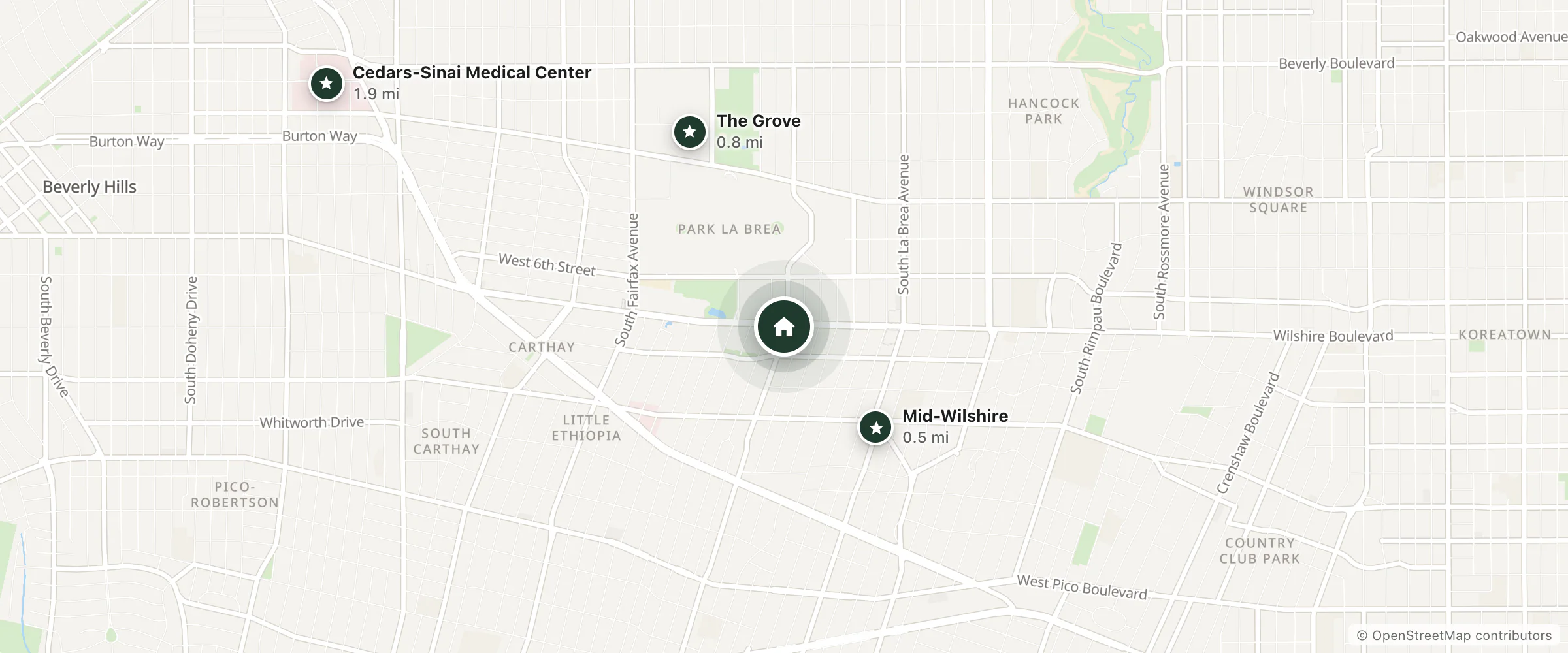 Map of The Angeles Hostel and nearby Mid-Wilshire, The Grove and Cedars-Sinai Medical Center